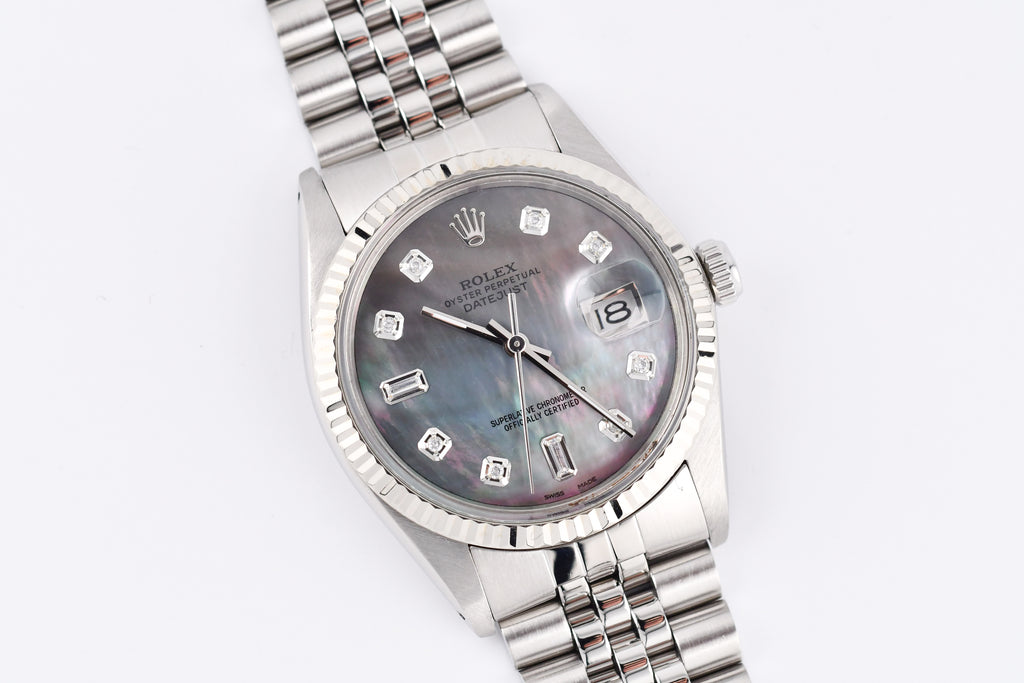 Rolex Datejust 36mm Ref 16014 Custom Mother of Pearl Grey Baguette Diamond Dial