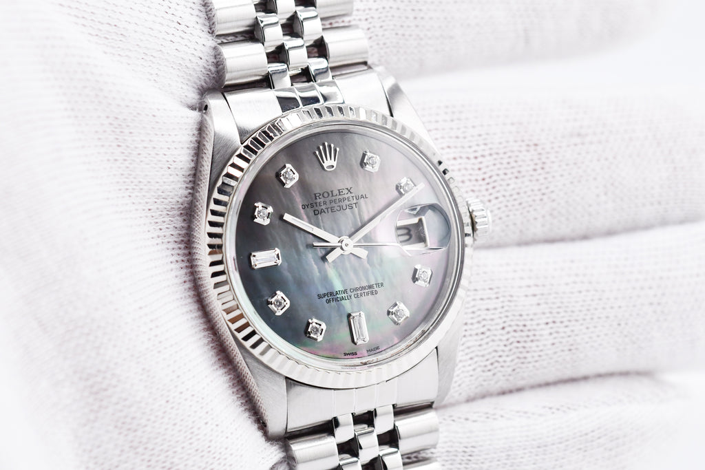 Rolex Datejust 36mm Ref 16014 Custom Mother of Pearl Grey Baguette Diamond Dial