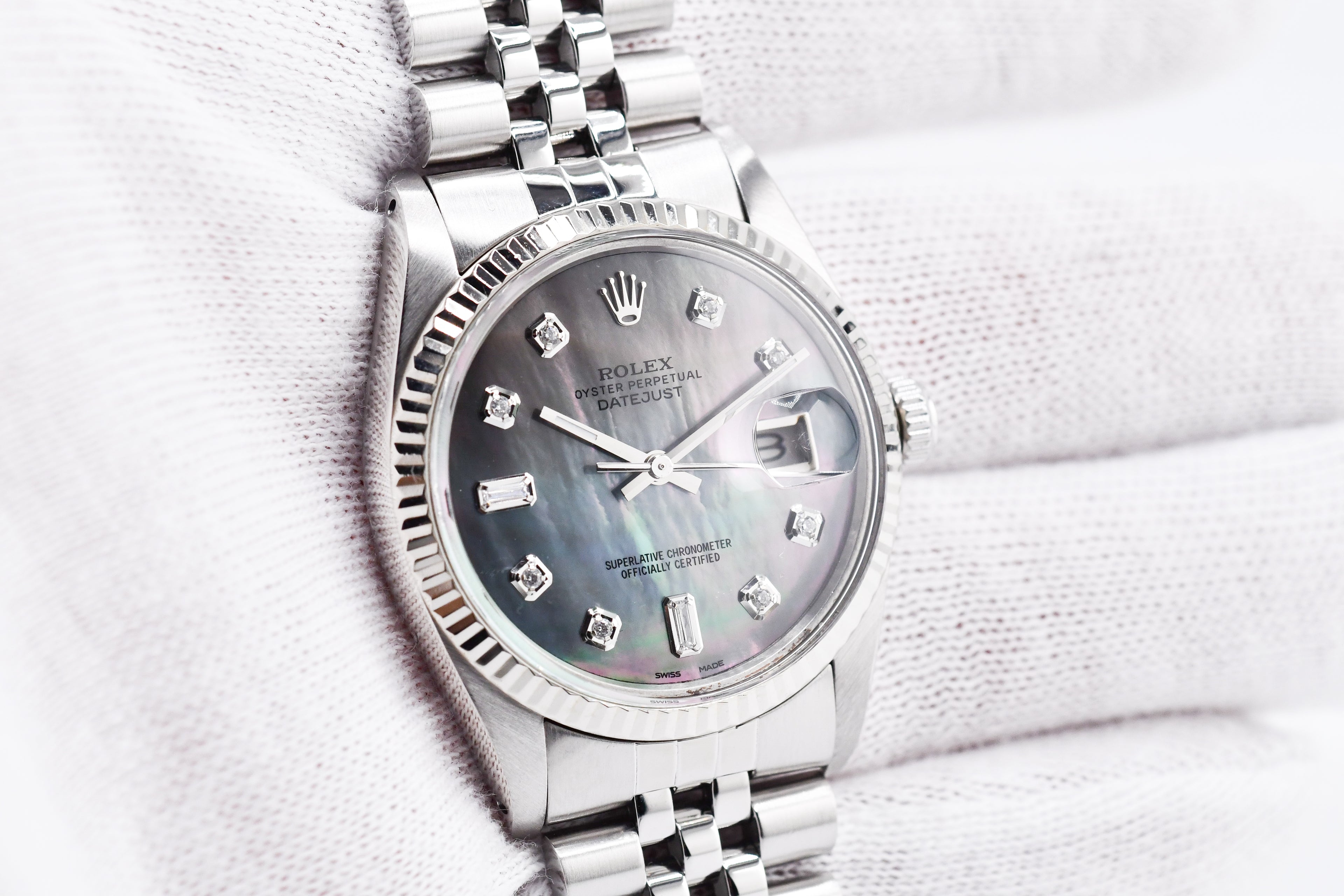 Rolex Datejust 36mm Ref 16014 Custom Mother of Pearl Grey Baguette Diamond Dial