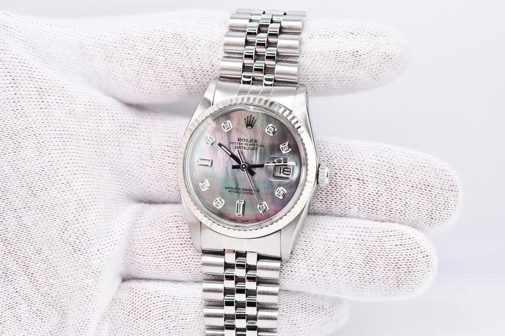 Rolex Datejust 36mm Ref 16014 Custom Mother of Pearl Grey Baguette Diamond Dial