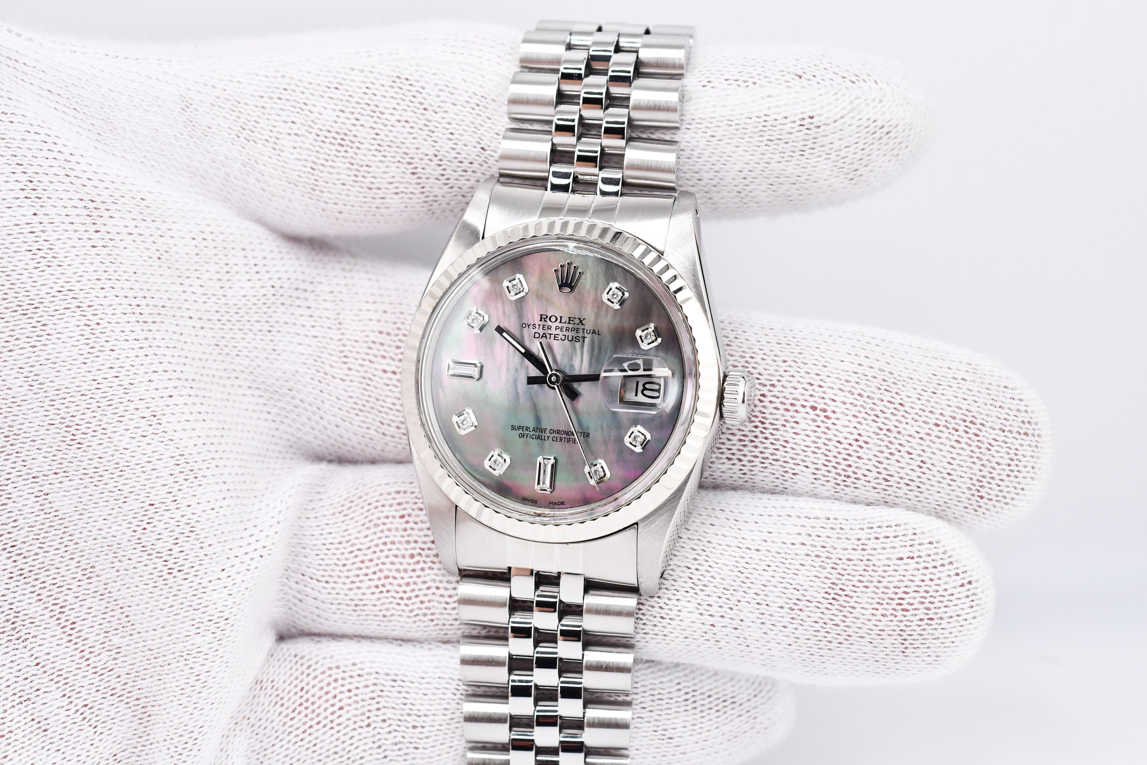 Rolex Datejust 36mm Ref 16014 Custom Mother of Pearl Grey Baguette Diamond Dial