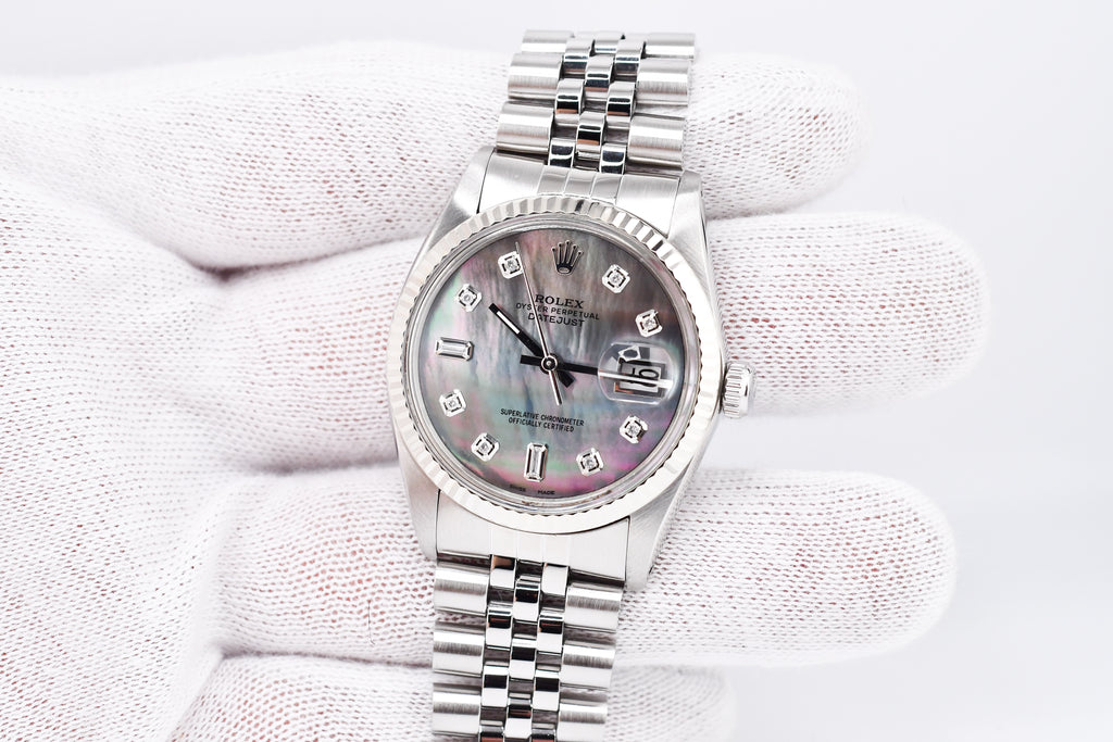 Rolex Datejust 36mm Ref 16014 Custom Mother of Pearl Grey Baguette Diamond Dial