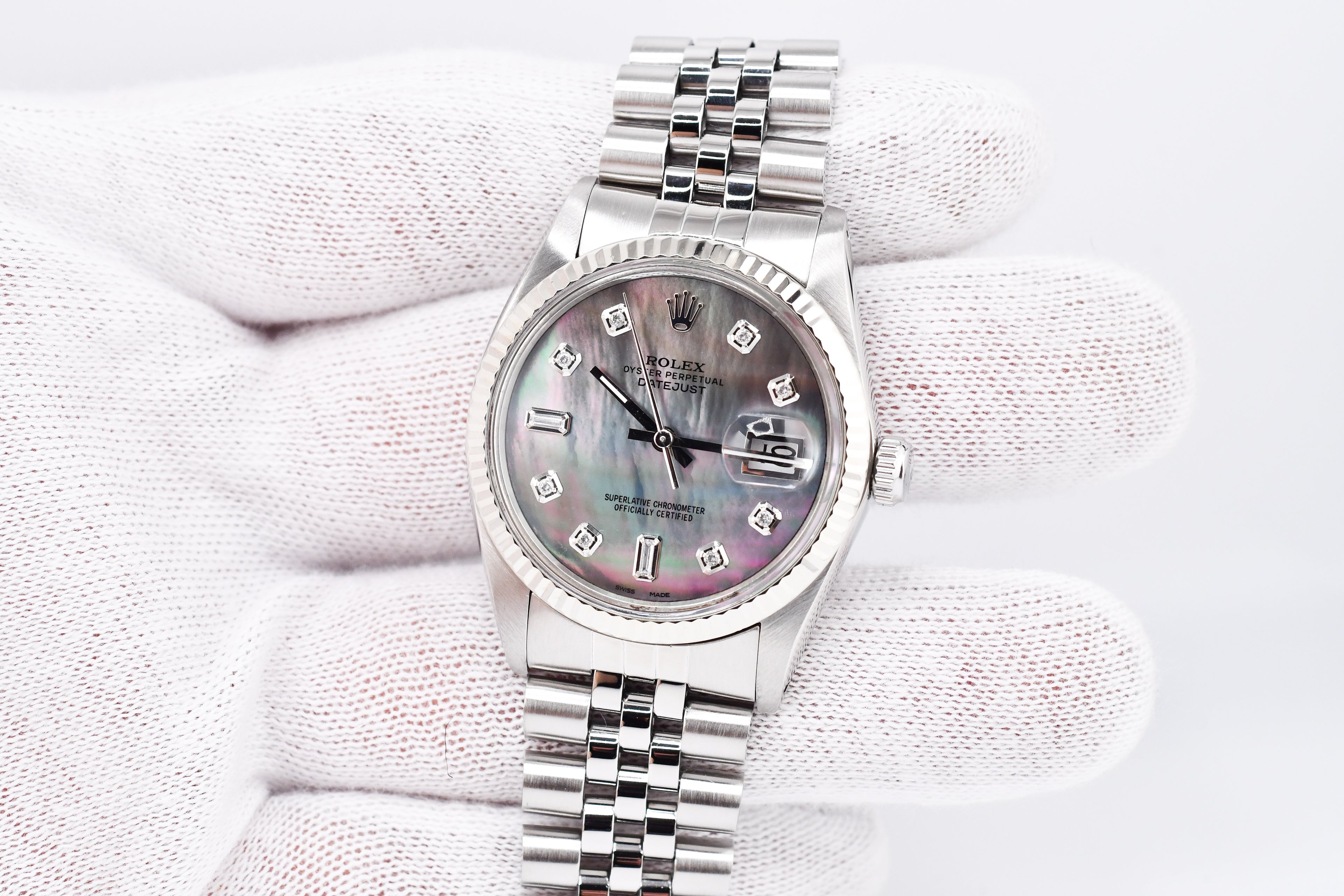 Rolex Datejust 36mm Ref 16014 Custom Mother of Pearl Grey Baguette Diamond Dial