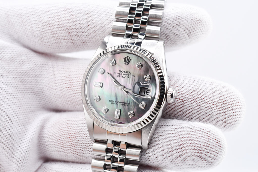 Rolex Datejust 36mm Ref 16014 Custom Mother of Pearl Grey Baguette Diamond Dial