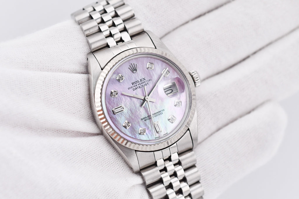 Rolex Datejust 36mm Ref 16014 Custom Pink Mother of Pearl Baguette Diamond Dial