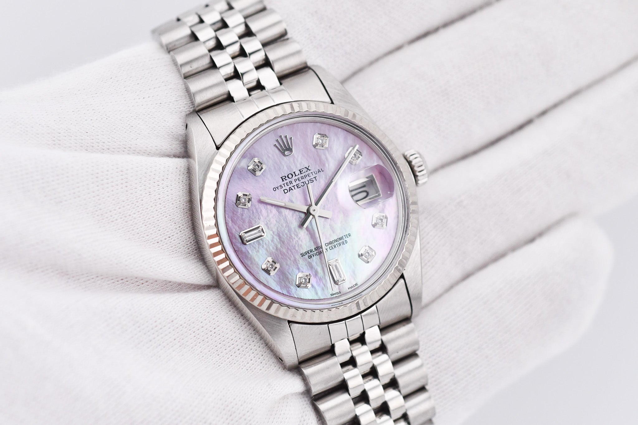 Rolex Datejust 36mm Ref 16014 Custom Pink Mother of Pearl Baguette Diamond Dial
