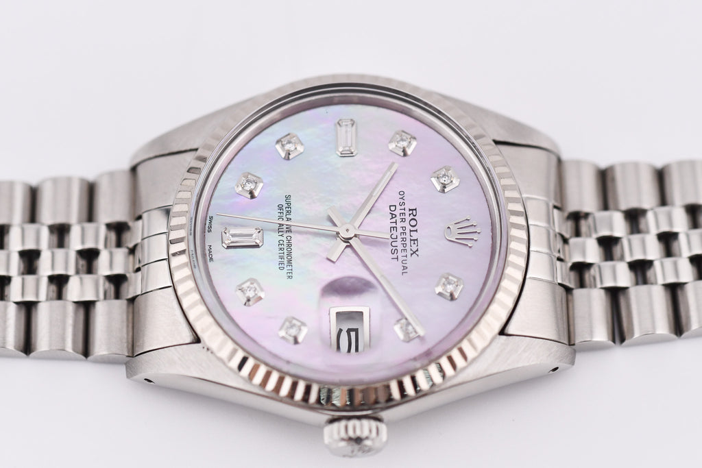 Rolex Datejust 36mm Ref 16014 Custom Pink Mother of Pearl Baguette Diamond Dial