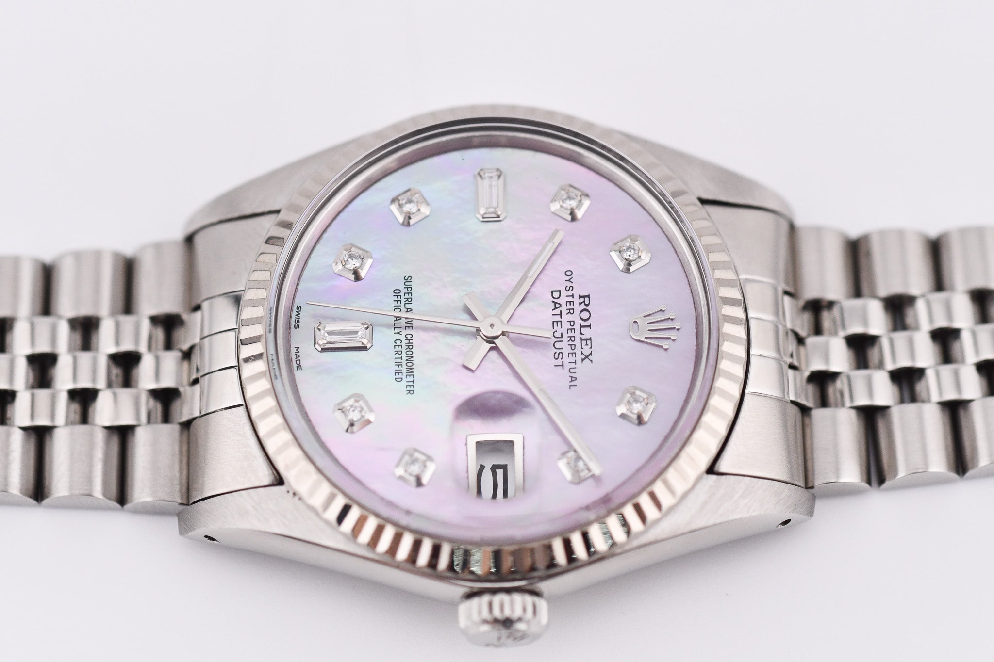 Rolex Datejust 36mm Ref 16014 Custom Pink Mother of Pearl Baguette Diamond Dial