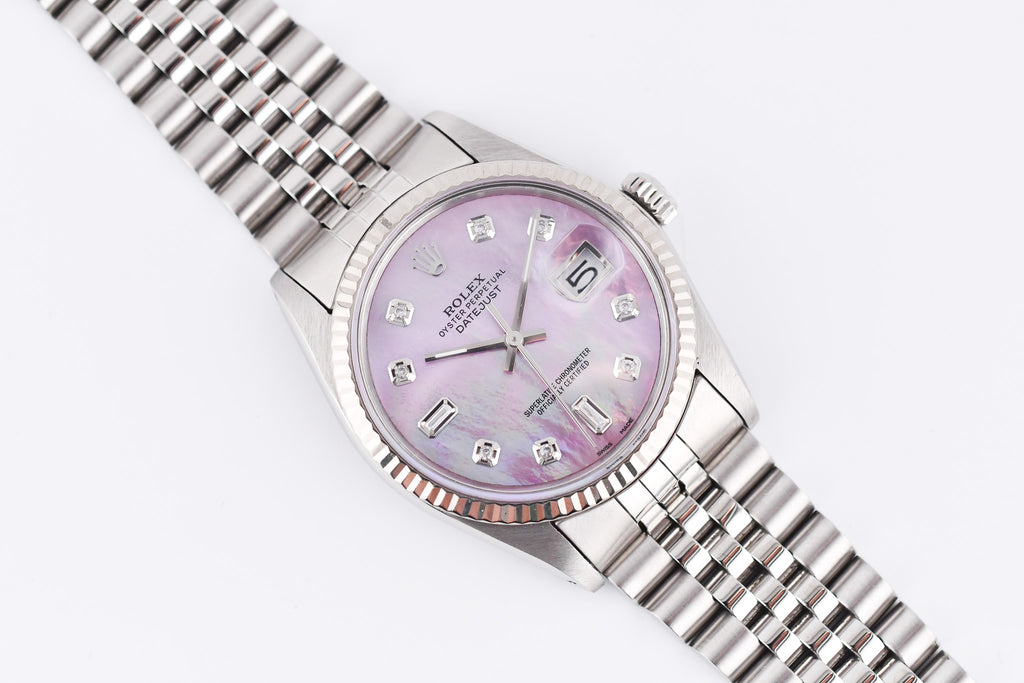 Rolex Datejust 36mm Ref 16014 Custom Pink Mother of Pearl Baguette Diamond Dial