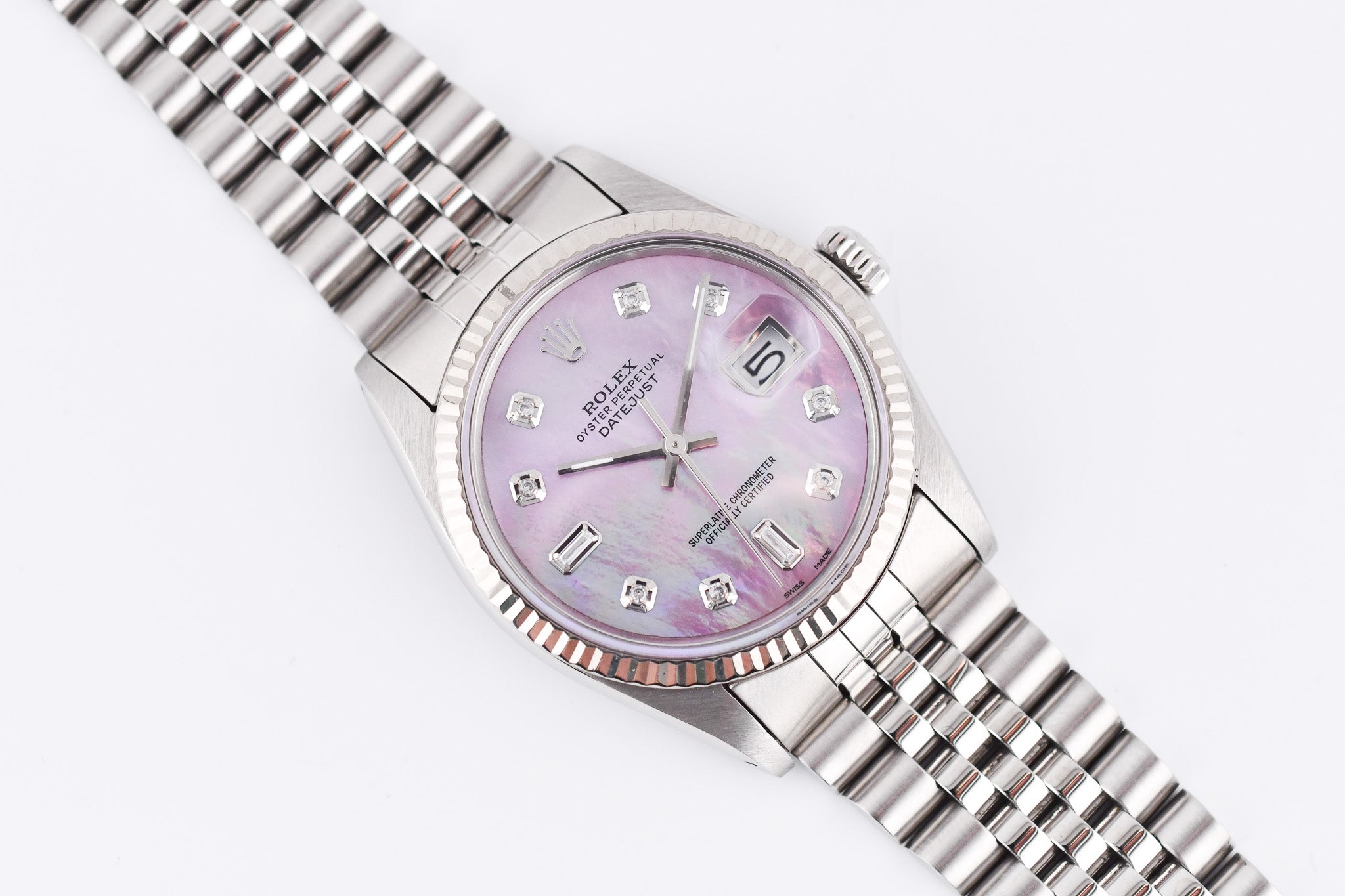 Rolex Datejust 36mm Ref 16014 Custom Pink Mother of Pearl Baguette Diamond Dial