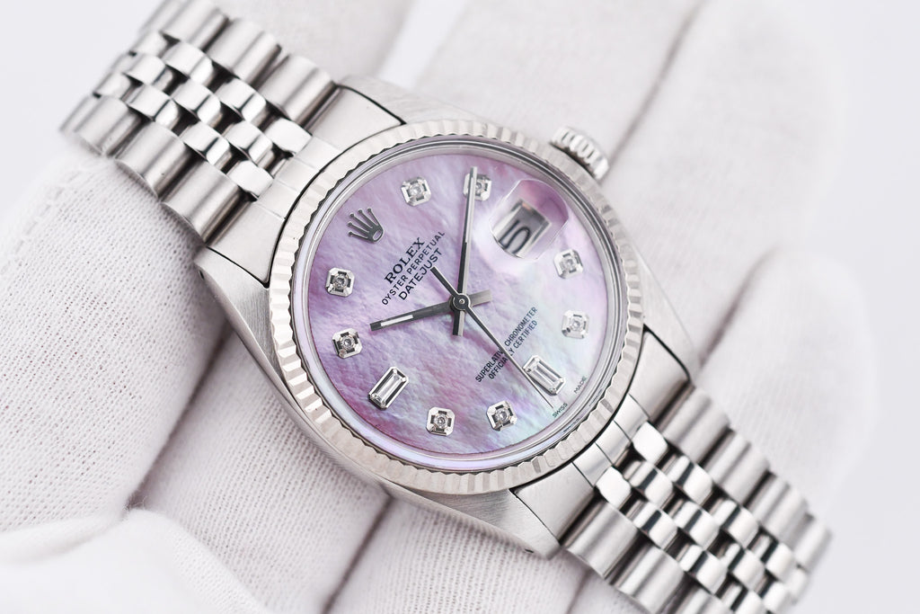 Rolex Datejust 36mm Ref 16014 Custom Pink Mother of Pearl Baguette Diamond Dial