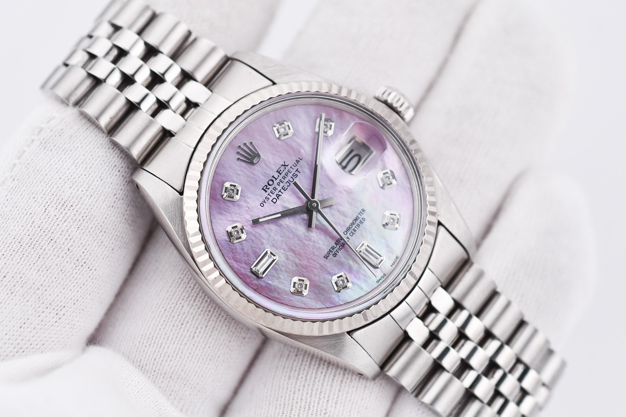 Rolex Datejust 36mm Ref 16014 Custom Pink Mother of Pearl Baguette Diamond Dial