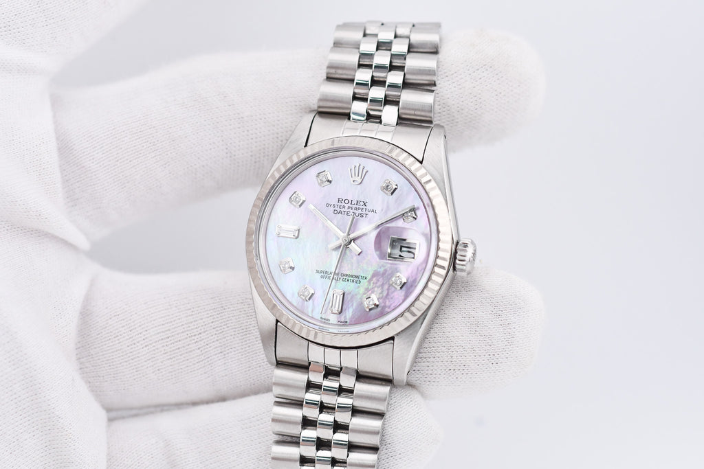 Rolex Datejust 36mm Ref 16014 Custom Pink Mother of Pearl Baguette Diamond Dial