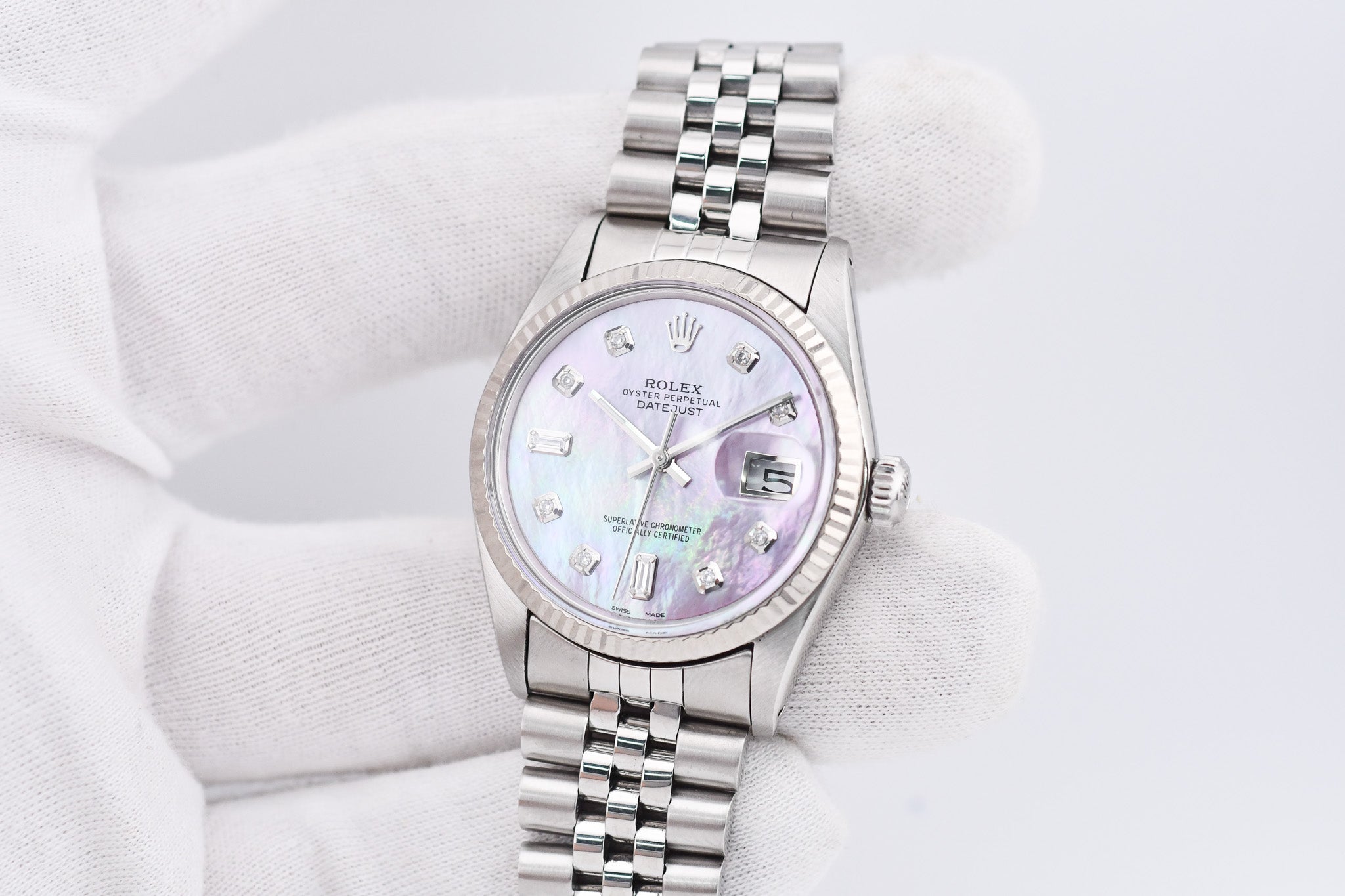 Rolex Datejust 36mm Ref 16014 Custom Pink Mother of Pearl Baguette Diamond Dial