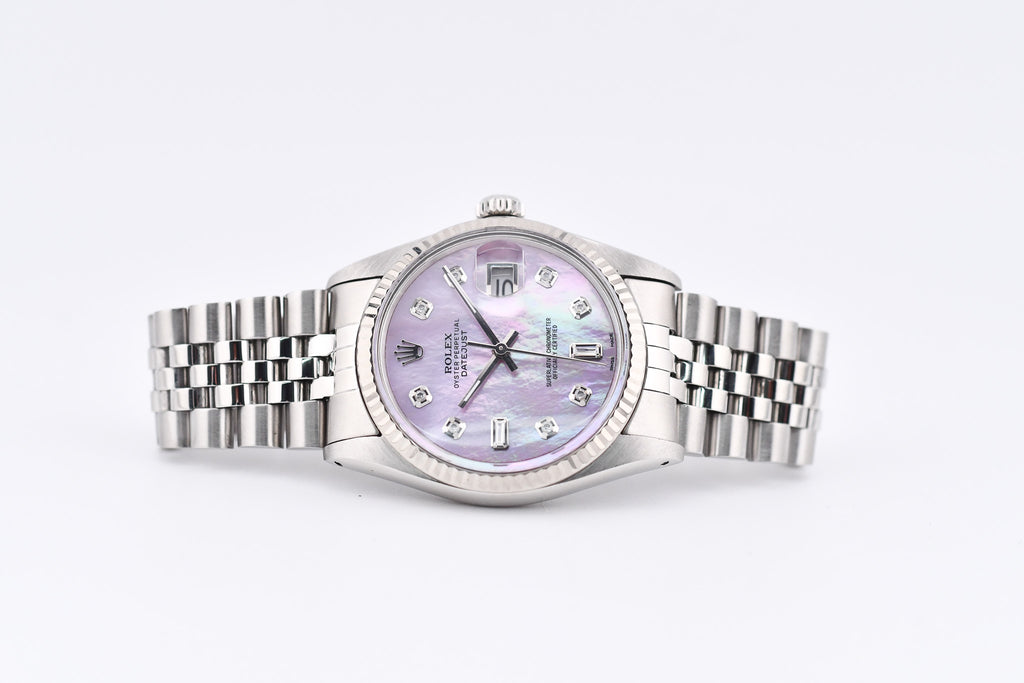 Rolex Datejust 36mm Ref 16014 Custom Pink Mother of Pearl Baguette Diamond Dial