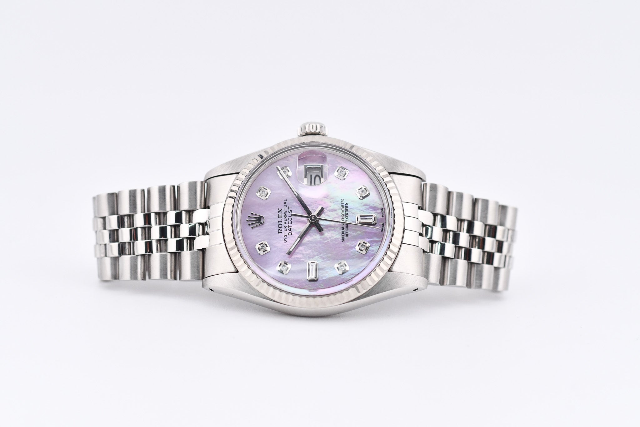 Rolex Datejust 36mm Ref 16014 Custom Pink Mother of Pearl Baguette Diamond Dial