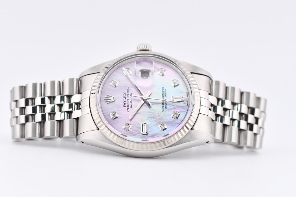 Rolex Datejust 36mm Ref 16014 Custom Pink Mother of Pearl Baguette Diamond Dial