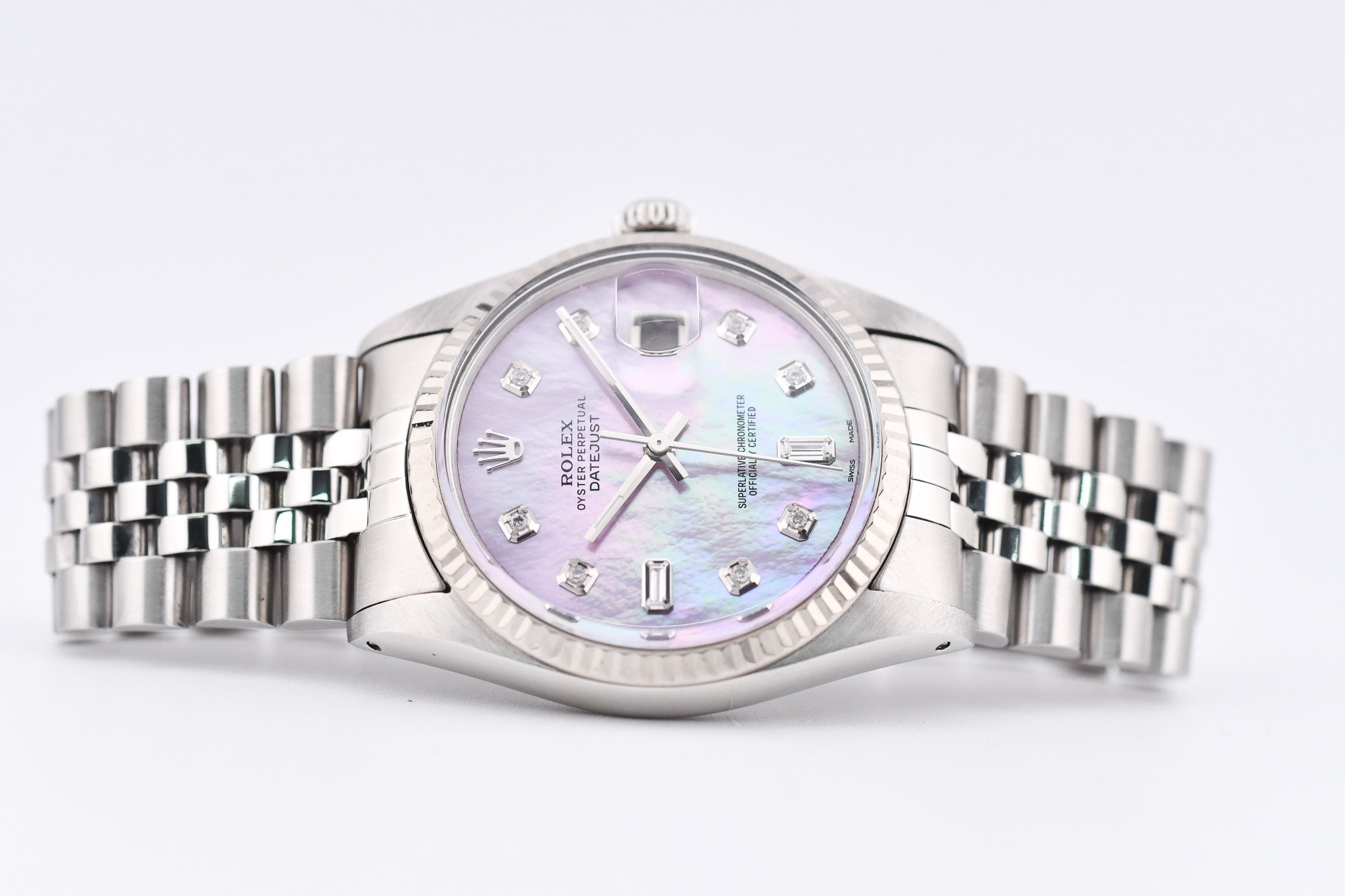 Rolex Datejust 36mm Ref 16014 Custom Pink Mother of Pearl Baguette Diamond Dial