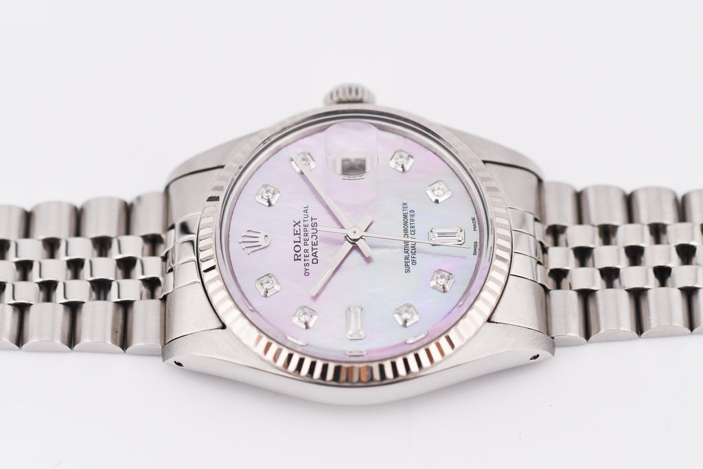 Rolex Datejust 36mm Ref 16014 Custom Pink Mother of Pearl Baguette Diamond Dial