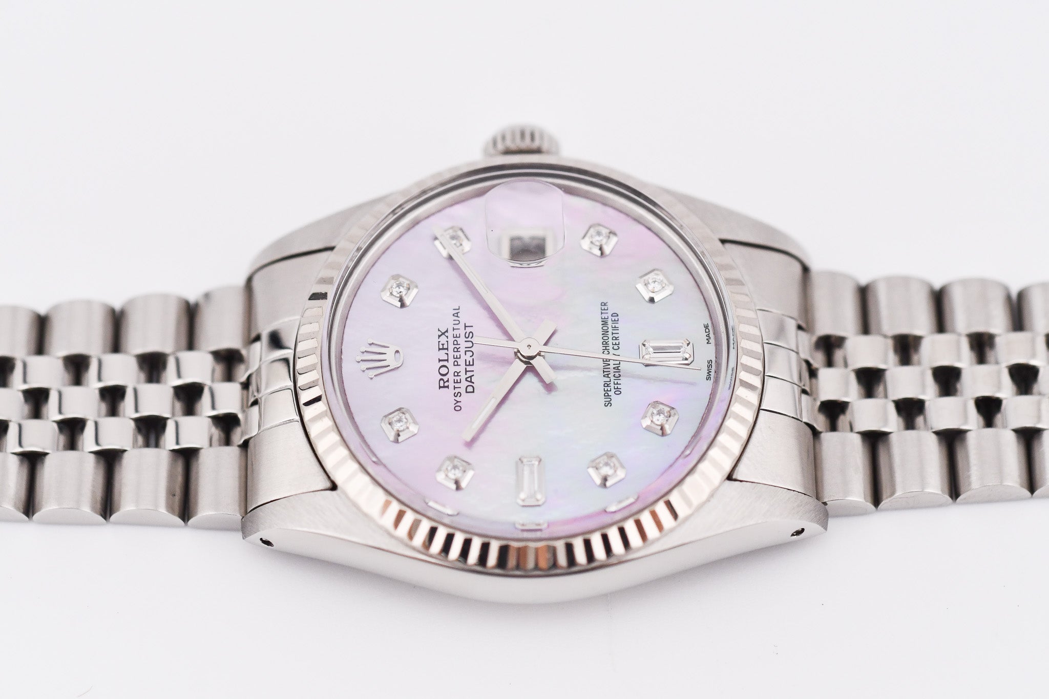 Rolex Datejust 36mm Ref 16014 Custom Pink Mother of Pearl Baguette Diamond Dial