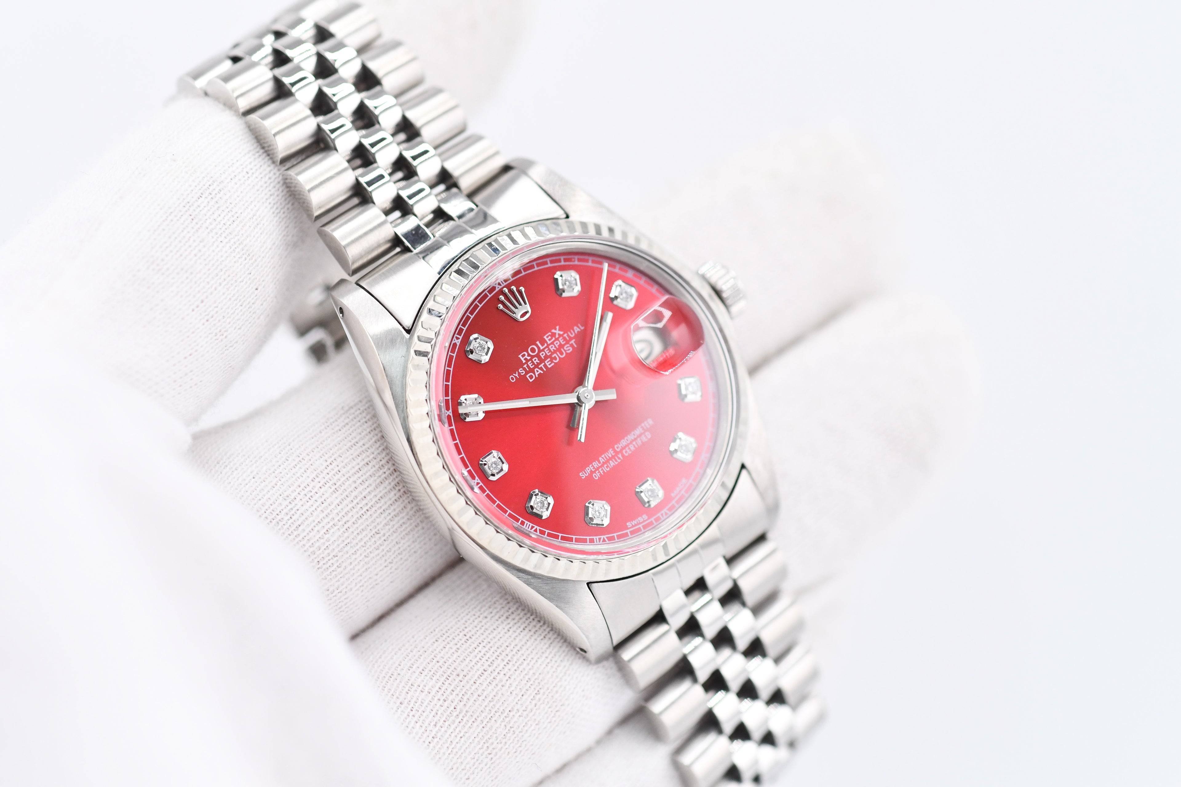 Rolex Datejust 36mm Ref 16014 Custom Red Sunburst Diamond Dial