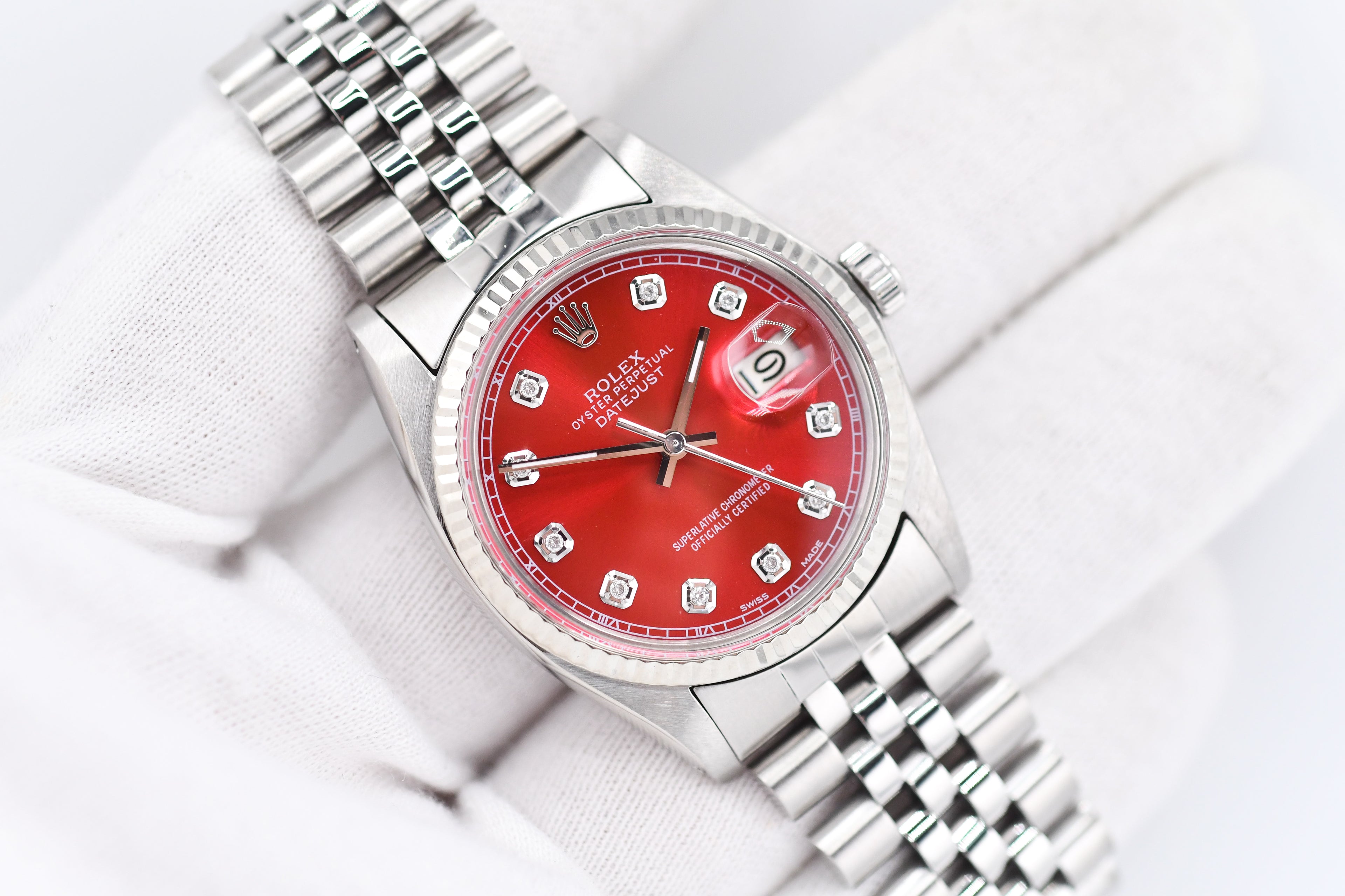 Rolex Datejust 36mm Ref 16014 Custom Red Sunburst Diamond Dial