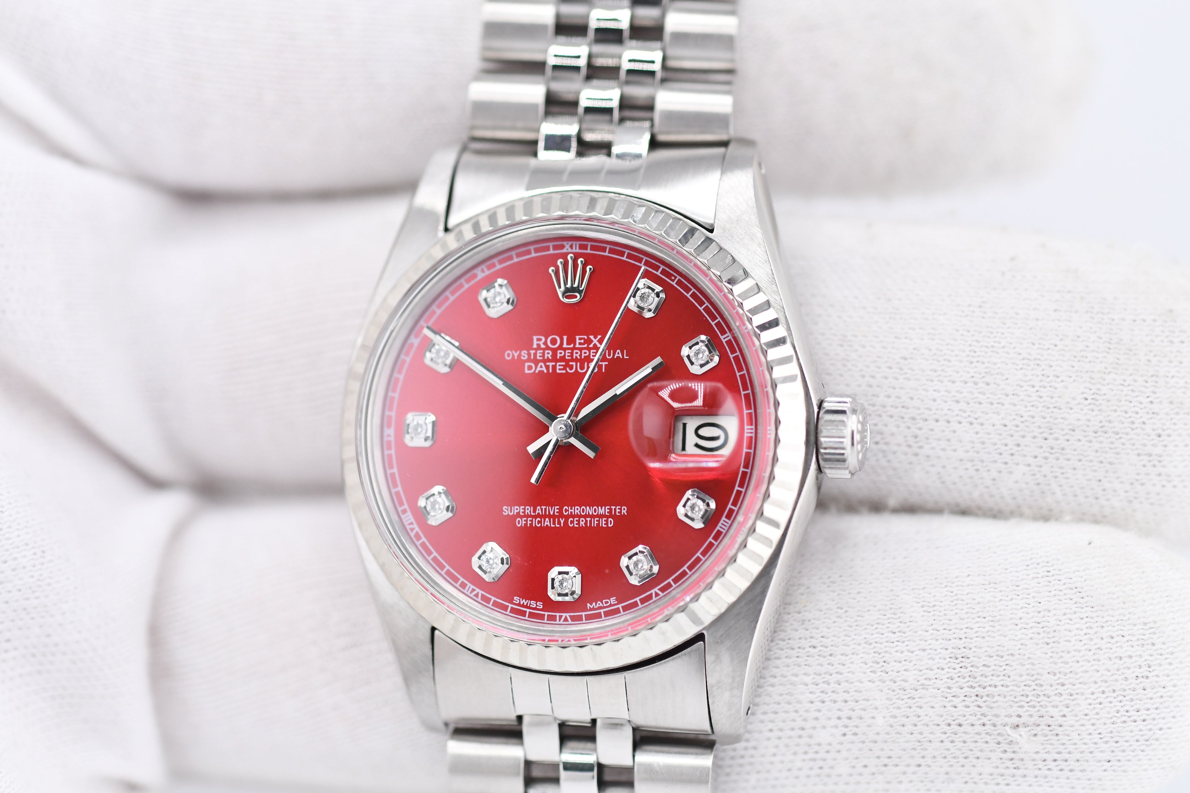 Rolex Datejust 36mm Ref 16014 Custom Red Sunburst Diamond Dial