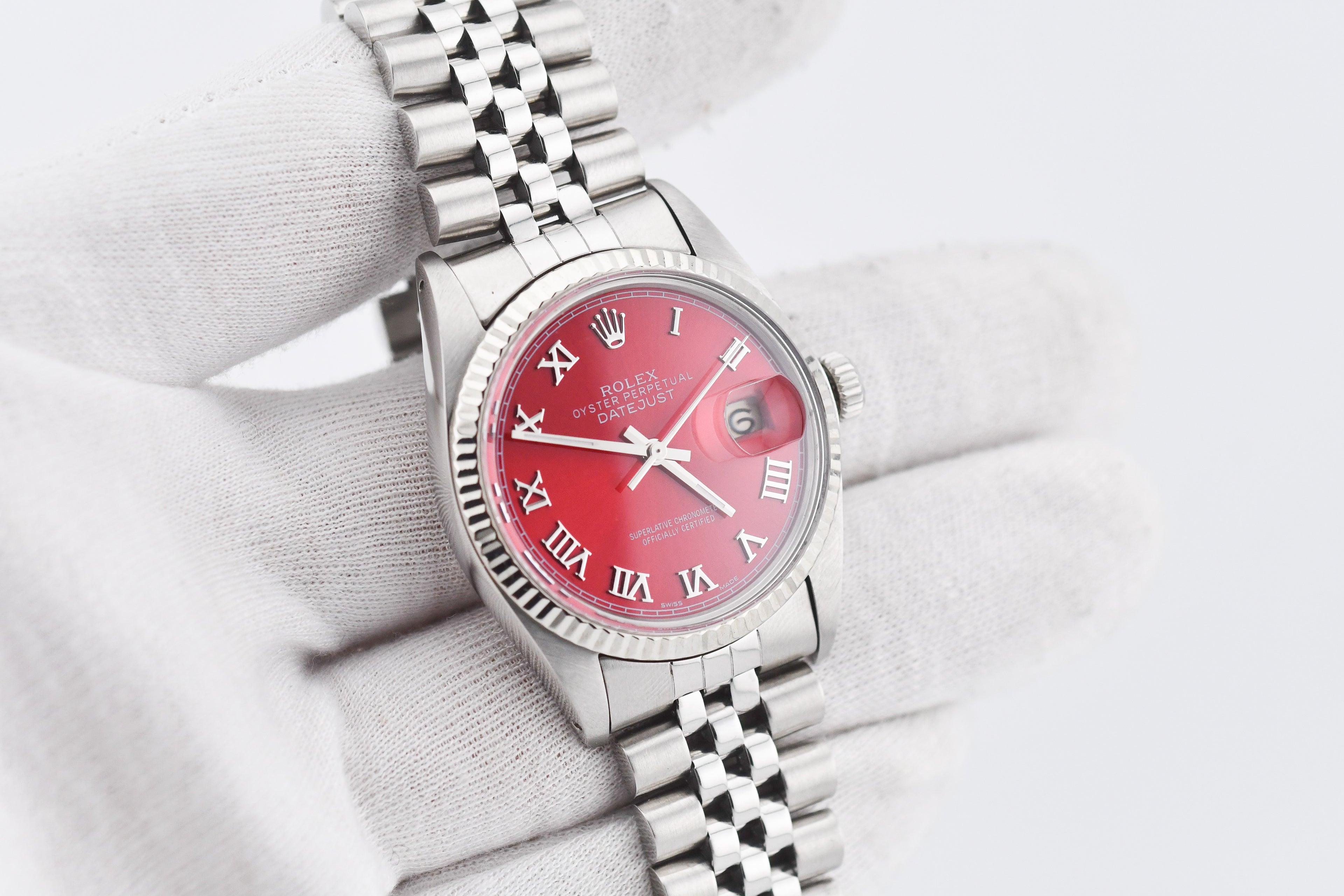 Rolex Datejust 36mm Ref 16014 Custom Red Sunburst Roman Dial