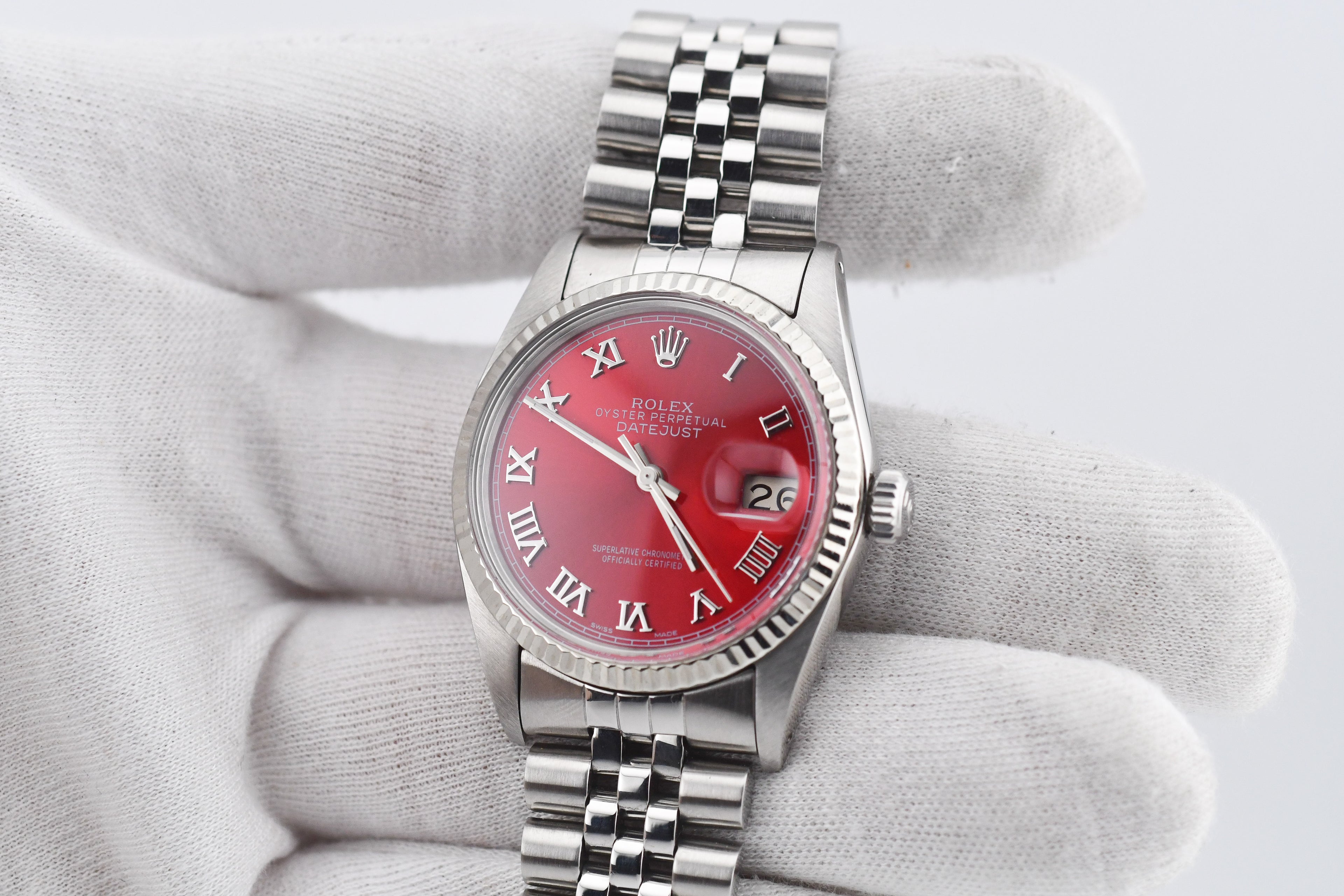 Rolex Datejust 36mm Ref 16014 Custom Red Sunburst Roman Dial