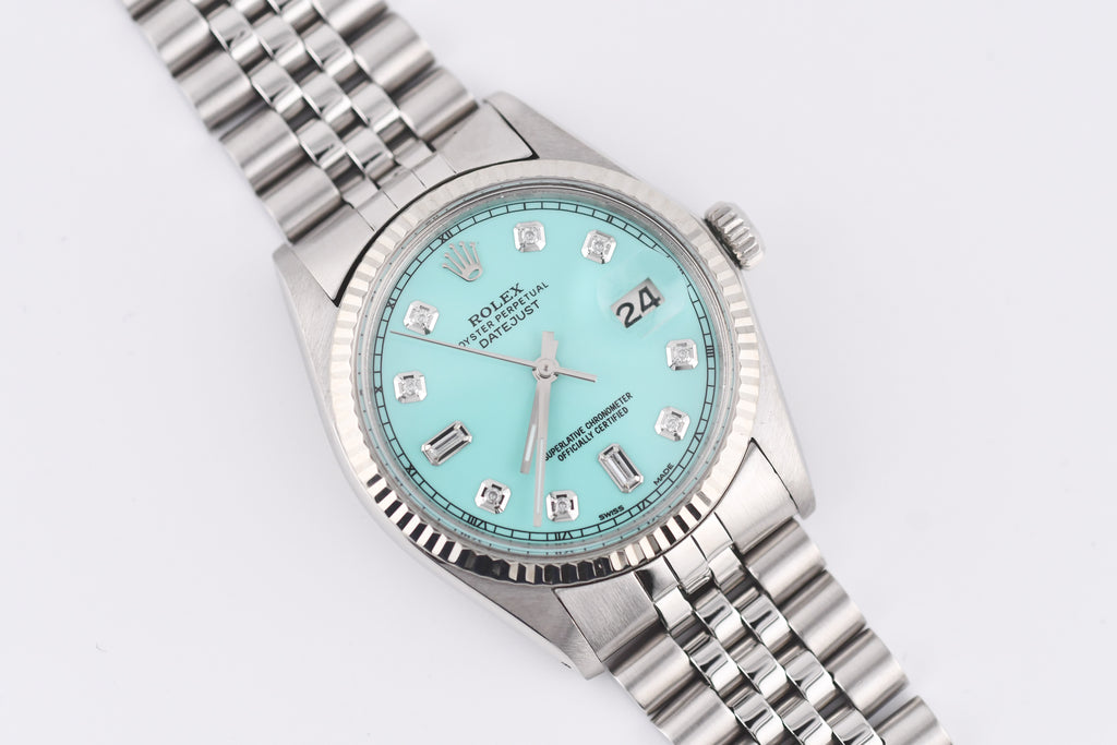 Rolex Datejust 36mm Ref 16014 Custom Tiffany Turquoise Baguette Diamond Dial