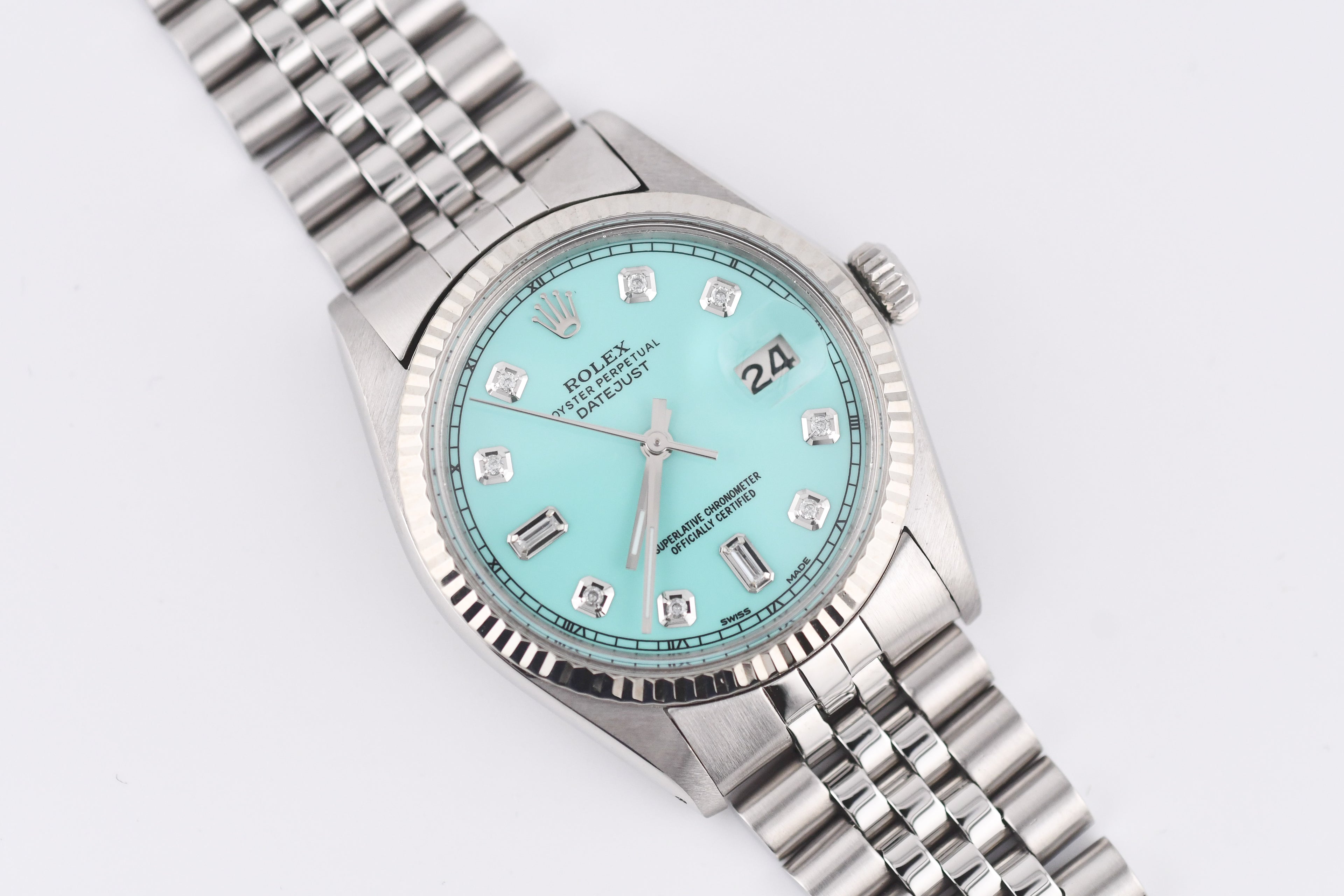 Rolex Datejust 36mm Ref 16014 Custom Tiffany Turquoise Baguette Diamond Dial