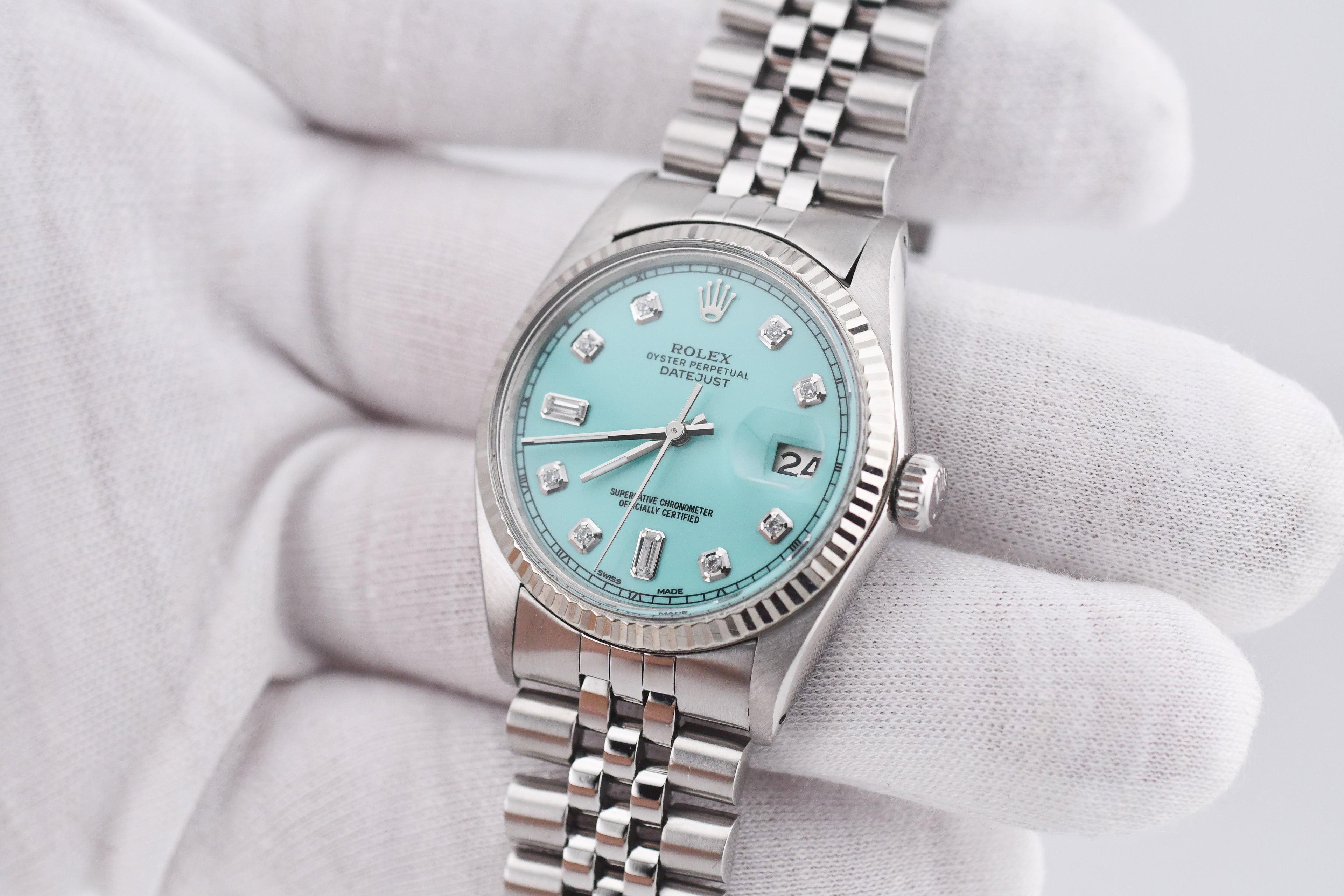 Rolex Datejust 36mm Ref 16014 Custom Tiffany Turquoise Baguette Diamond Dial
