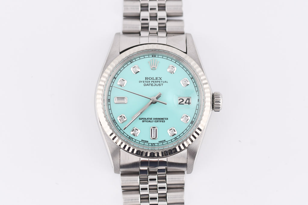 Rolex Datejust 36mm Ref 16014 Custom Tiffany Turquoise Baguette Diamond Dial