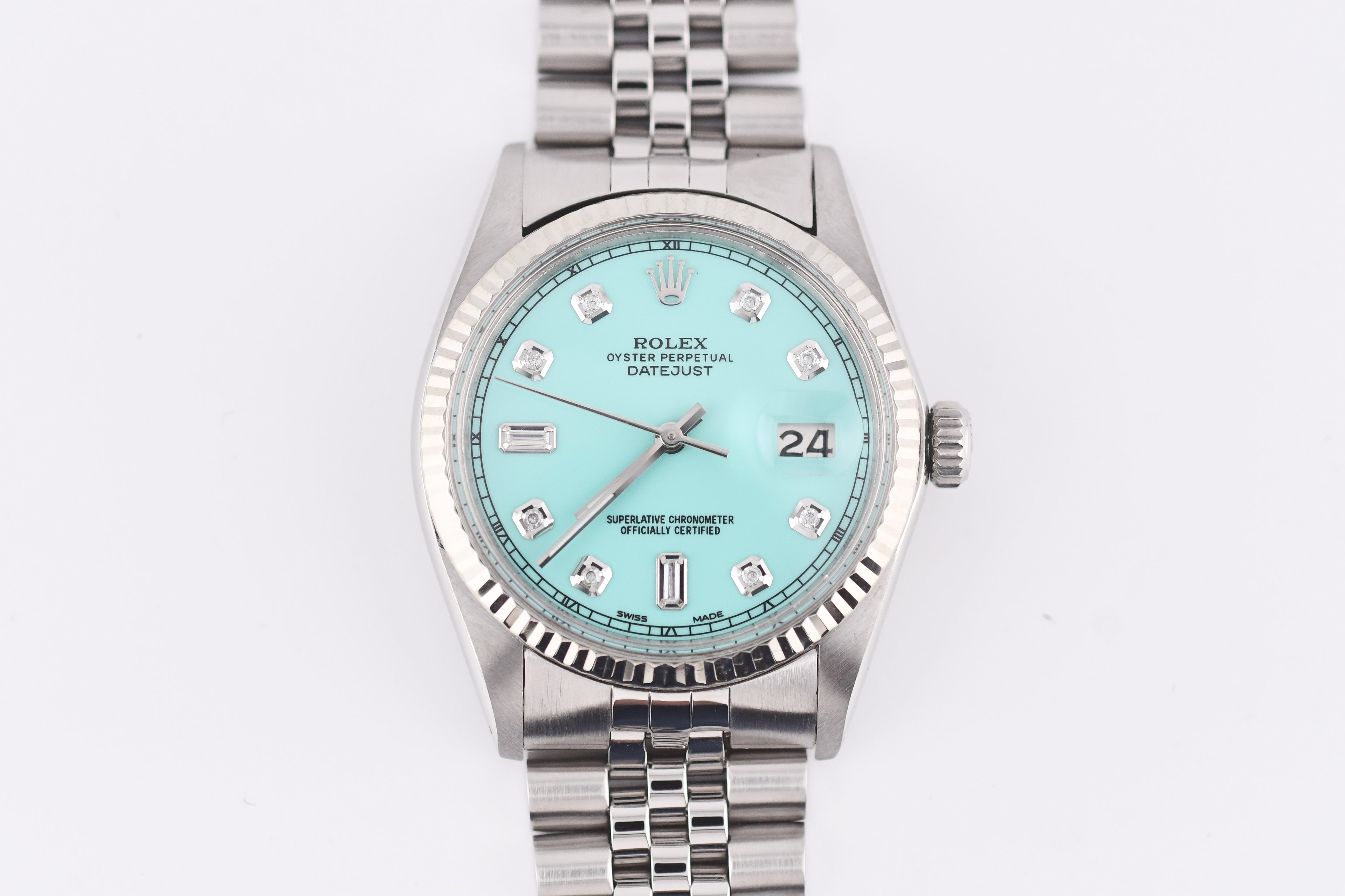 Rolex Datejust 36mm Ref 16014 Custom Tiffany Turquoise Baguette Diamond Dial