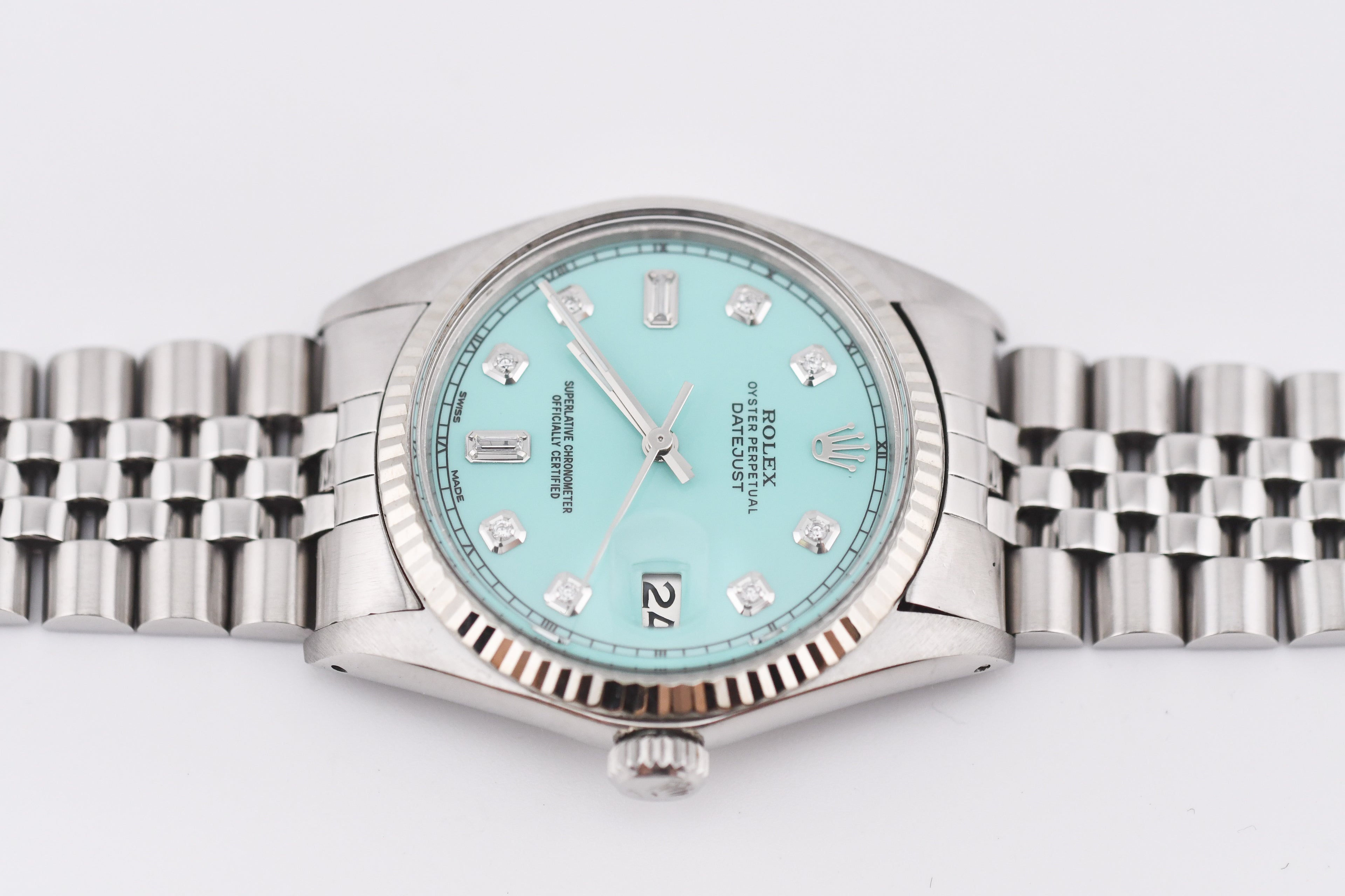 Rolex Datejust 36mm Ref 16014 Custom Tiffany Turquoise Baguette Diamond Dial