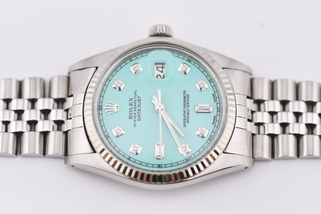 Rolex Datejust 36mm Ref 16014 Custom Tiffany Turquoise Baguette Diamond Dial