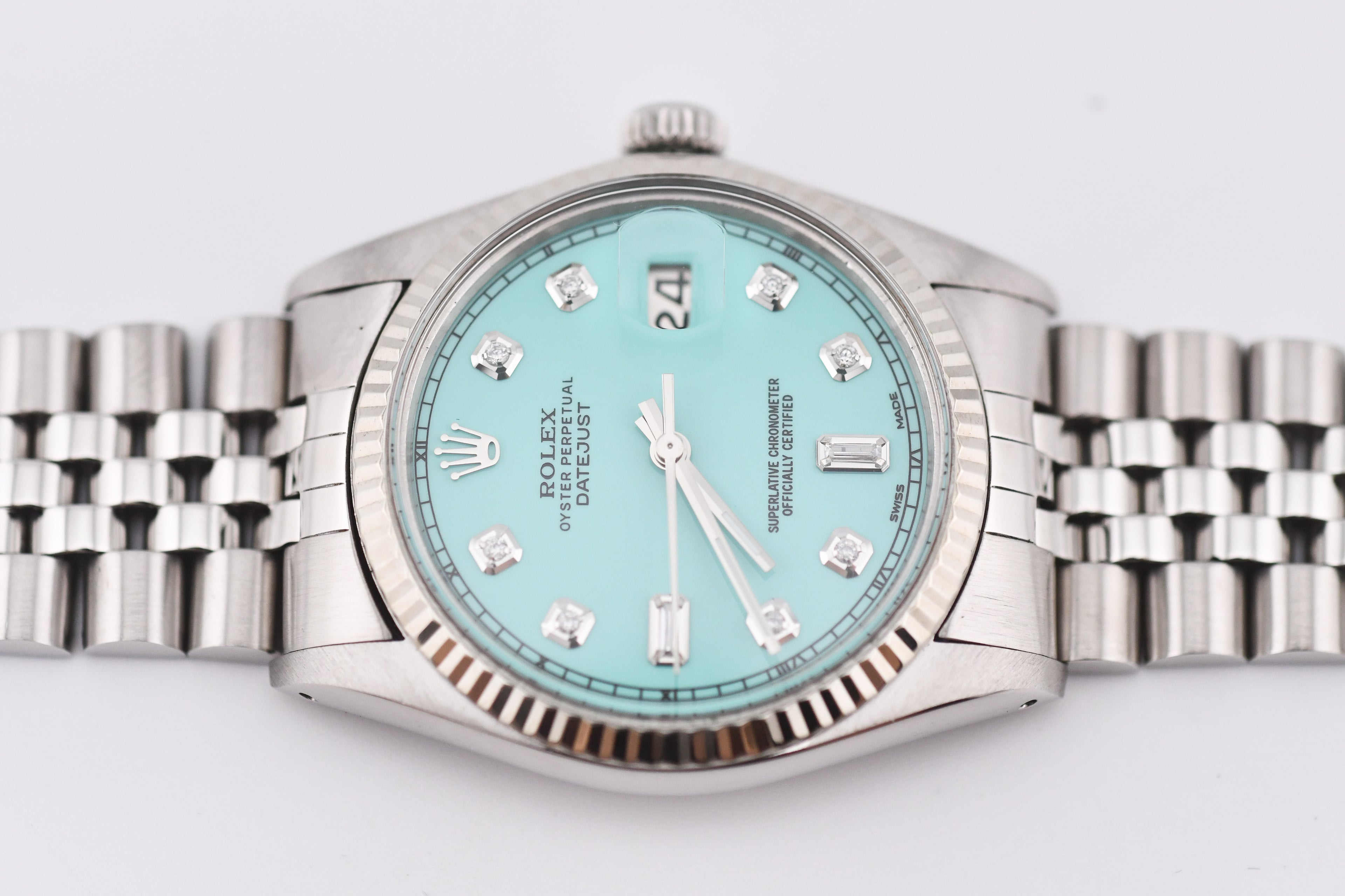 Rolex Datejust 36mm Ref 16014 Custom Tiffany Turquoise Baguette Diamond Dial