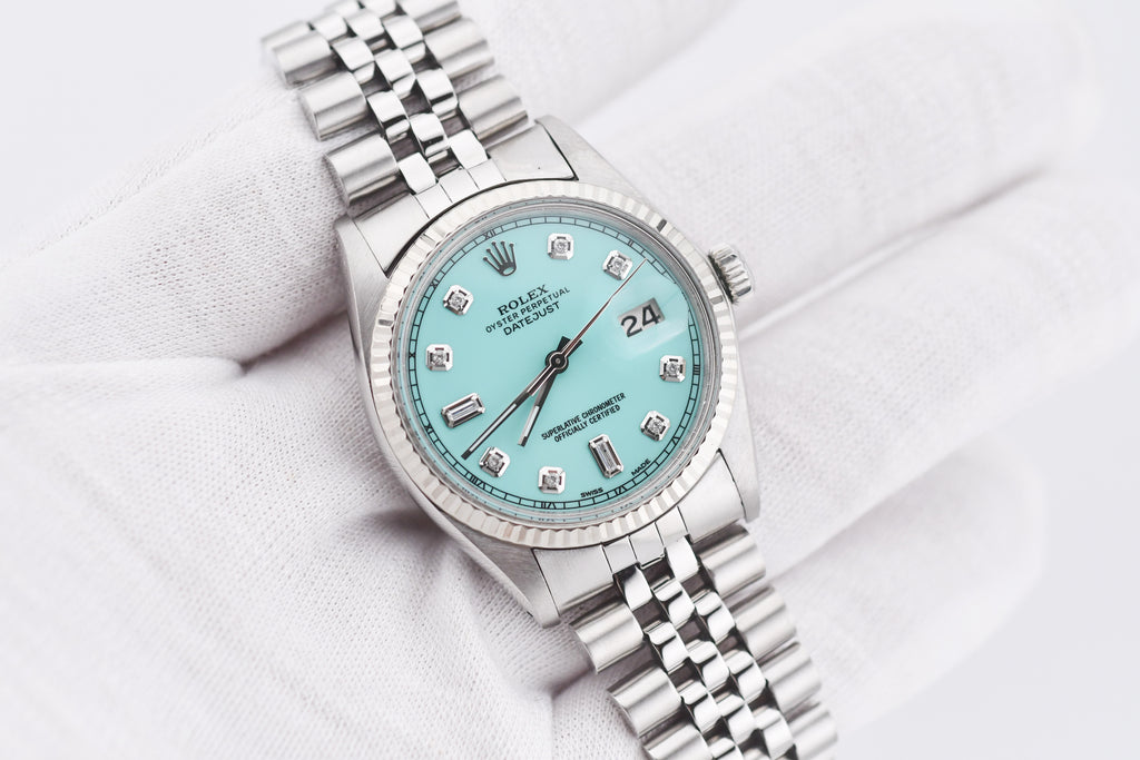 Rolex Datejust 36mm Ref 16014 Custom Tiffany Turquoise Baguette Diamond Dial