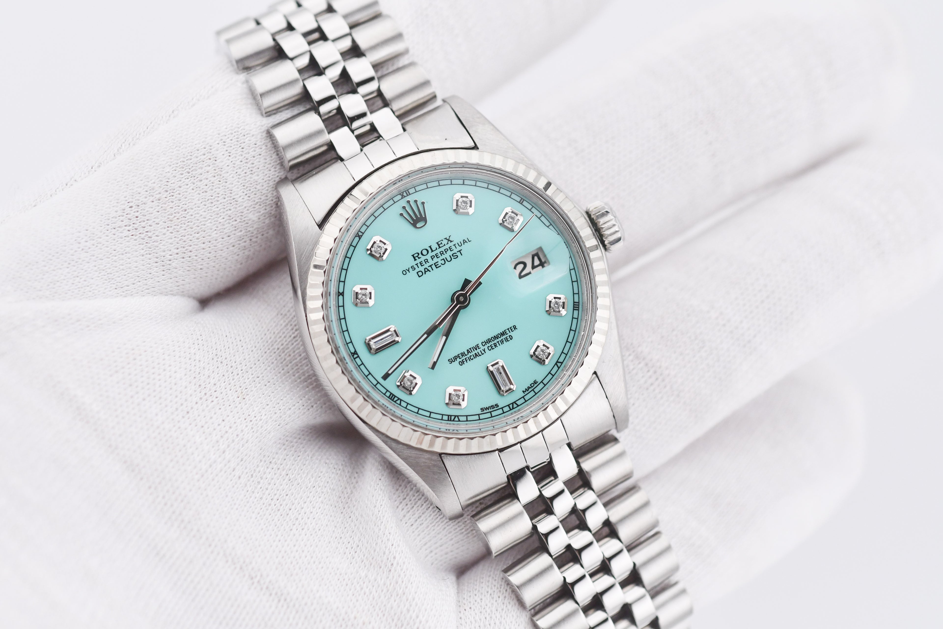 Rolex Datejust 36mm Ref 16014 Custom Tiffany Turquoise Baguette Diamond Dial