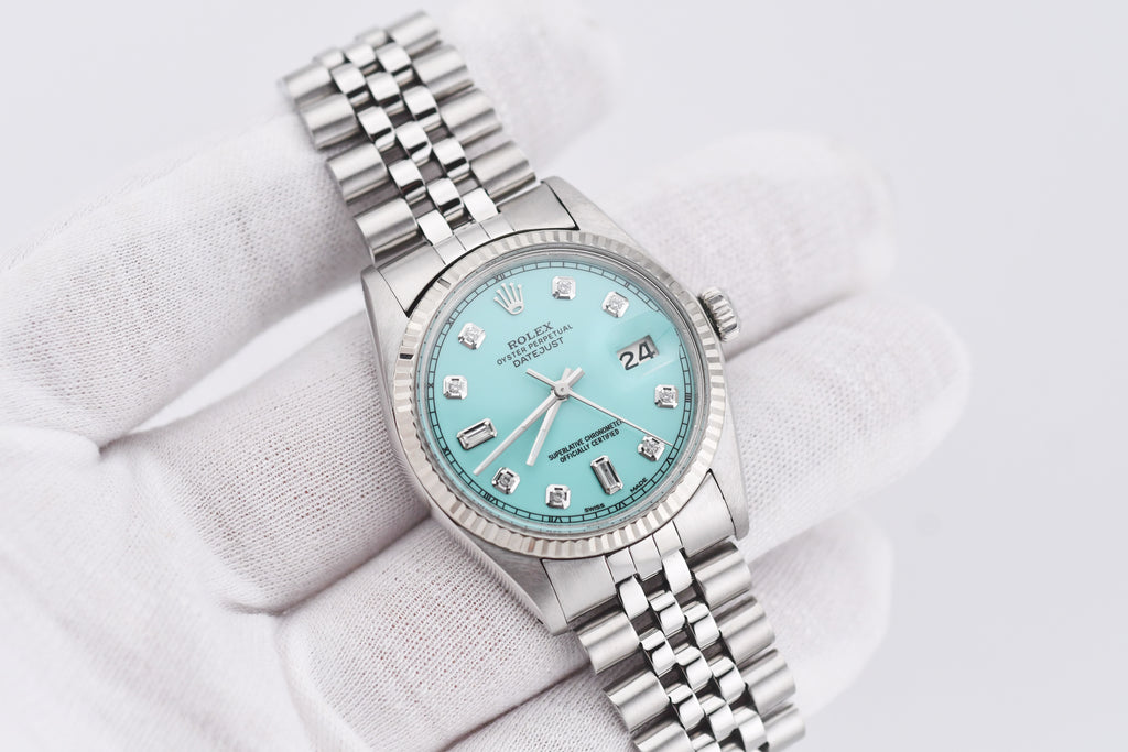 Rolex Datejust 36mm Ref 16014 Custom Tiffany Turquoise Baguette Diamond Dial