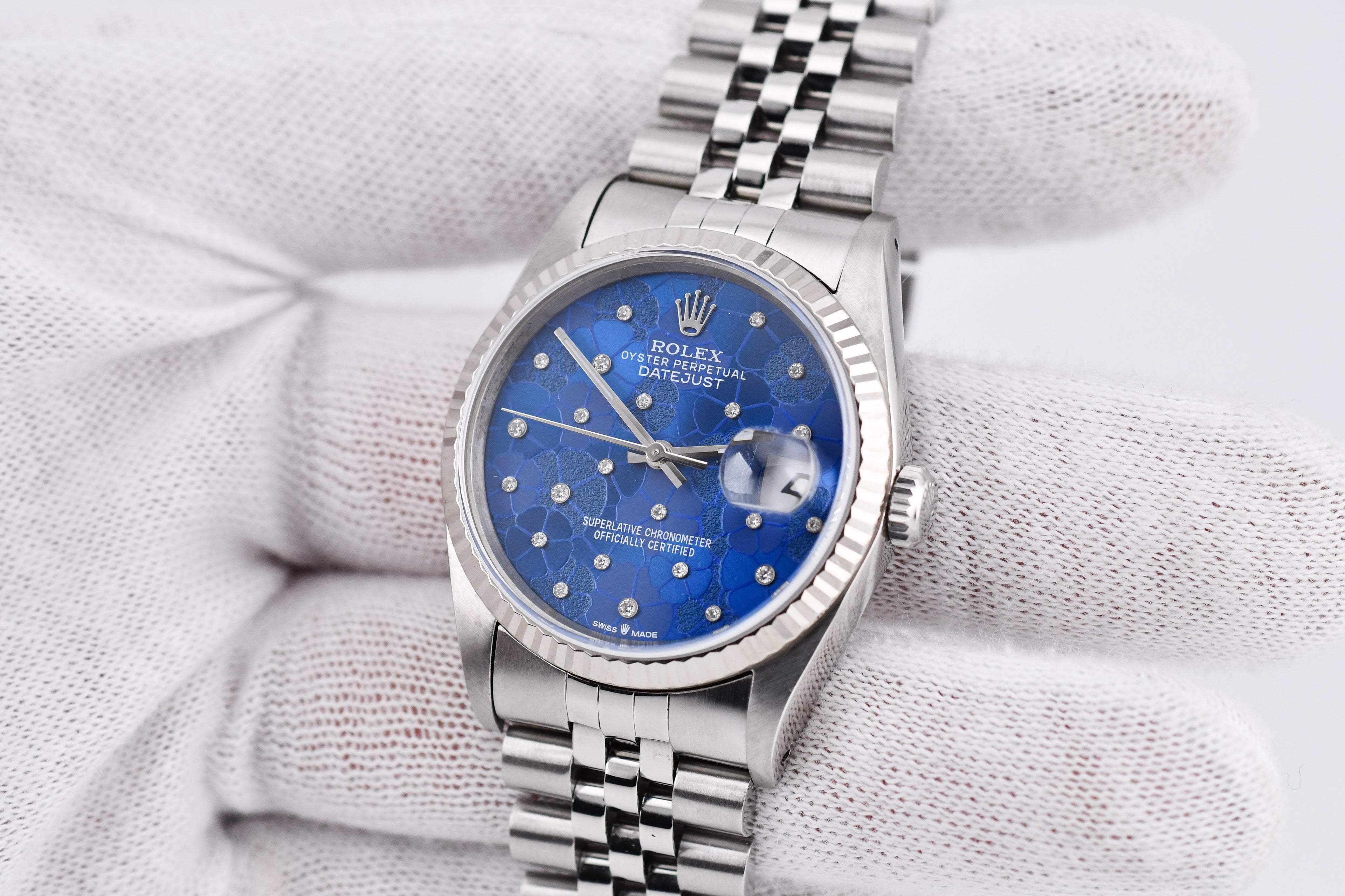 Rolex Datejust 36mm Ref 16234 Custom Blue Flower Diamond Dial