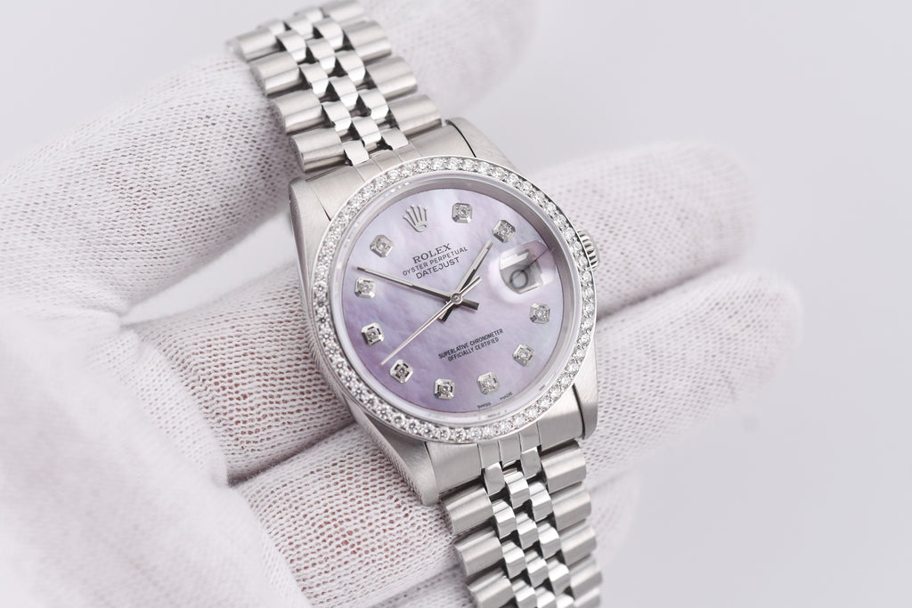 Rolex Datejust 36mm Ref 16234 Custom Pink Mother of Pearl Diamond Dial with Diamond Bezel