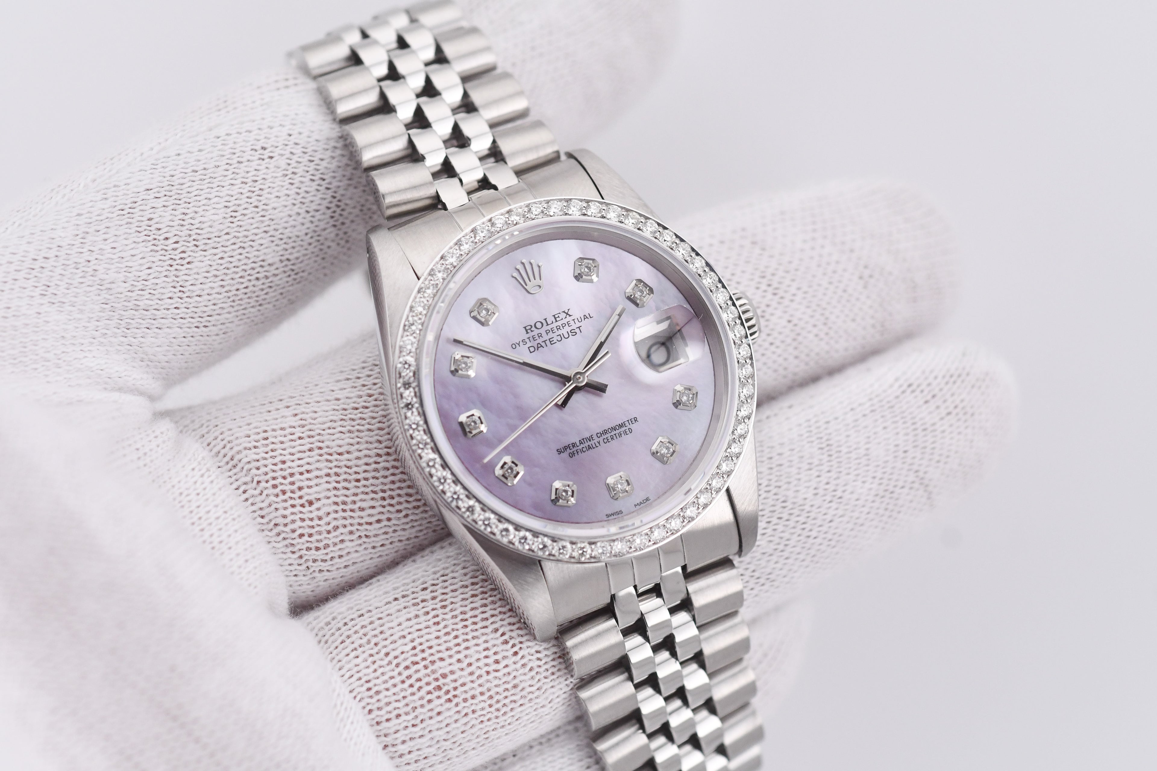 Rolex Datejust 36mm Ref 16234 Custom Pink Mother of Pearl Diamond Dial with Diamond Bezel