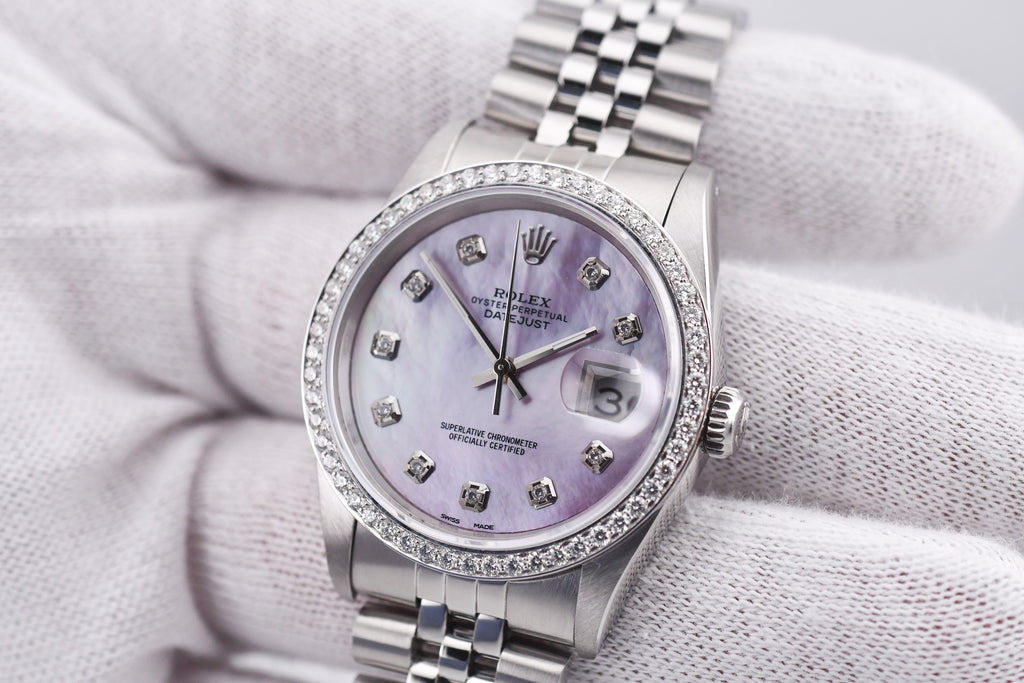Rolex Datejust 36mm Ref 16234 Custom Pink Mother of Pearl Diamond Dial with Diamond Bezel
