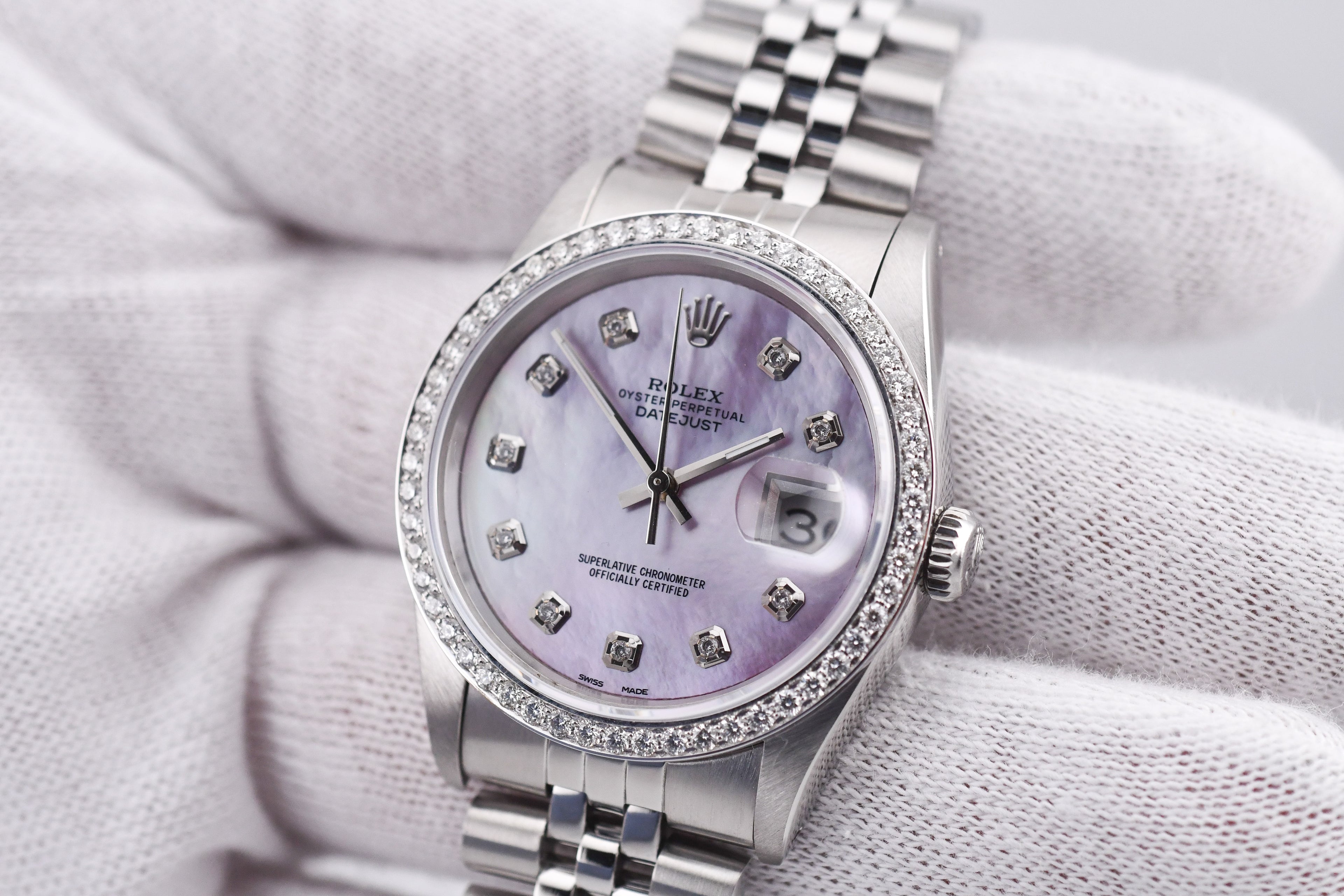Rolex Datejust 36mm Ref 16234 Custom Pink Mother of Pearl Diamond Dial with Diamond Bezel