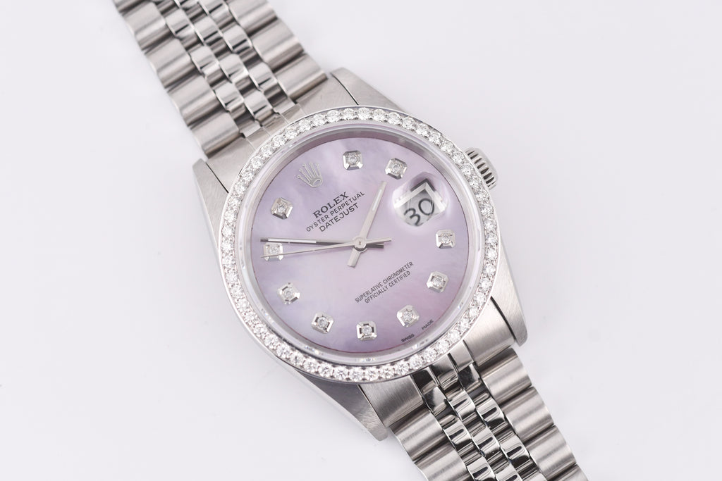 Rolex Datejust 36mm Ref 16234 Custom Pink Mother of Pearl Diamond Dial with Diamond Bezel