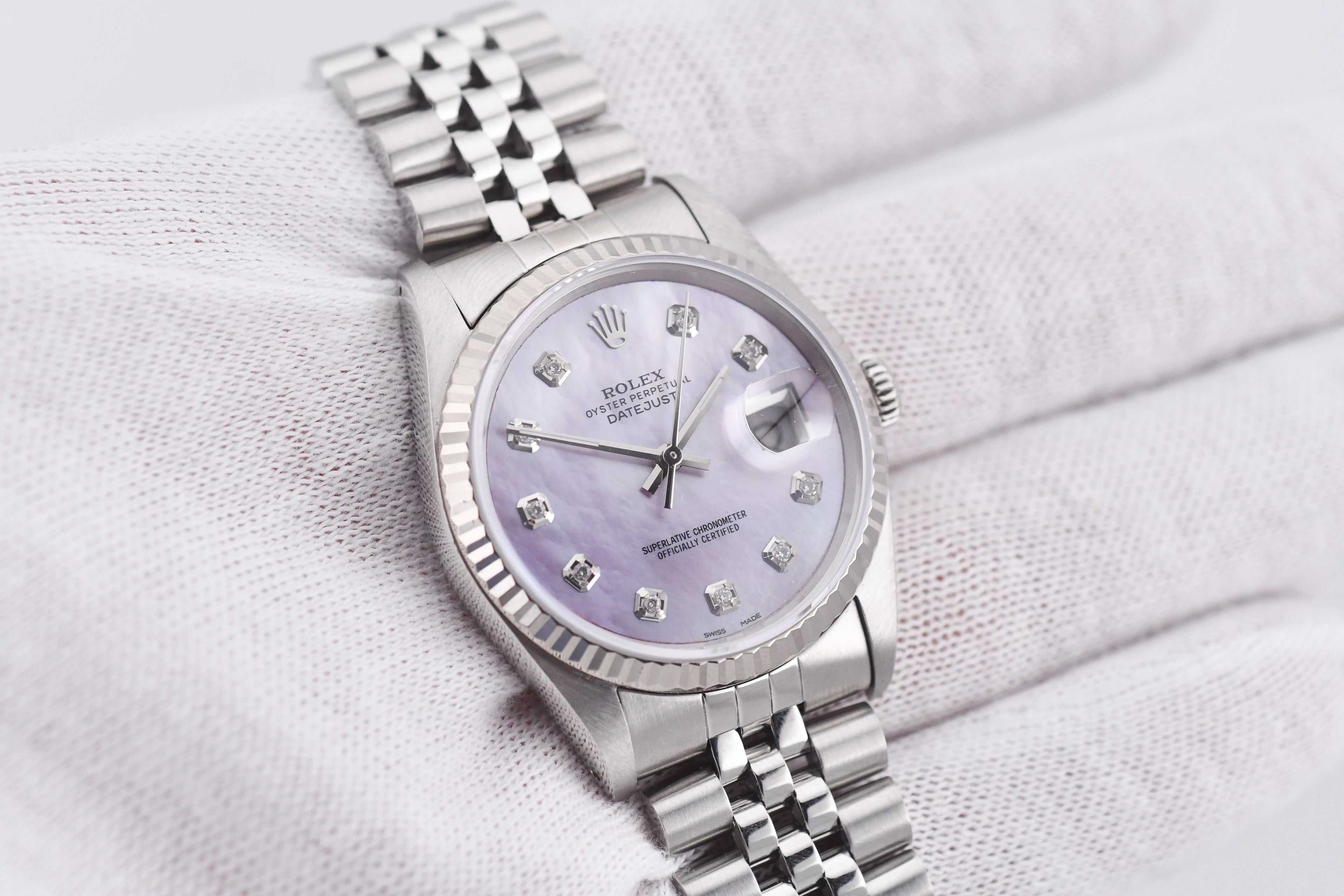 Rolex Datejust 36mm Ref 16234 Custom Pink Mother of Pearl Diamond Dial