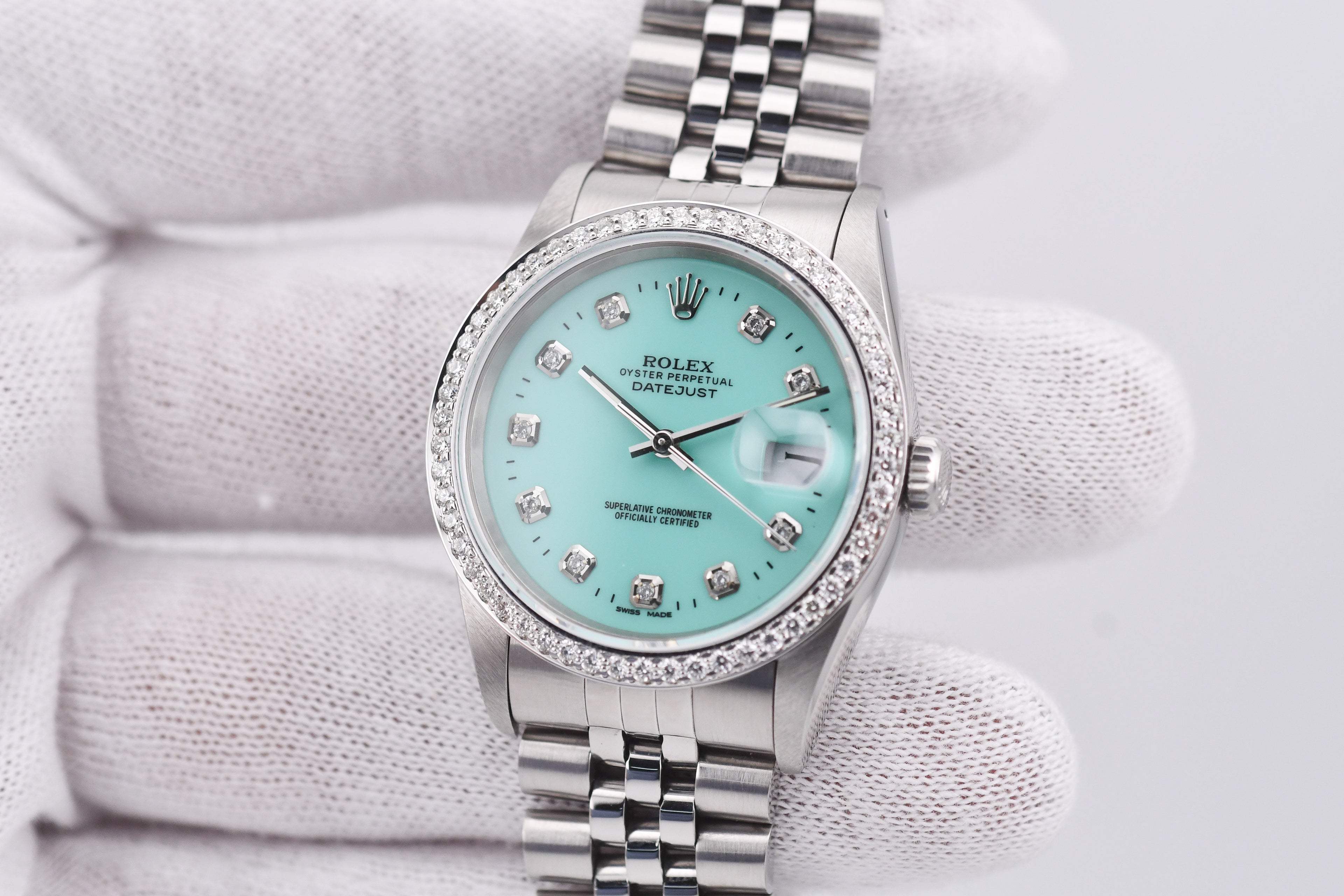 Rolex Datejust 36mm Ref 16234 Custom Tiffany Blue Diamond Dial with Diamond Bezel