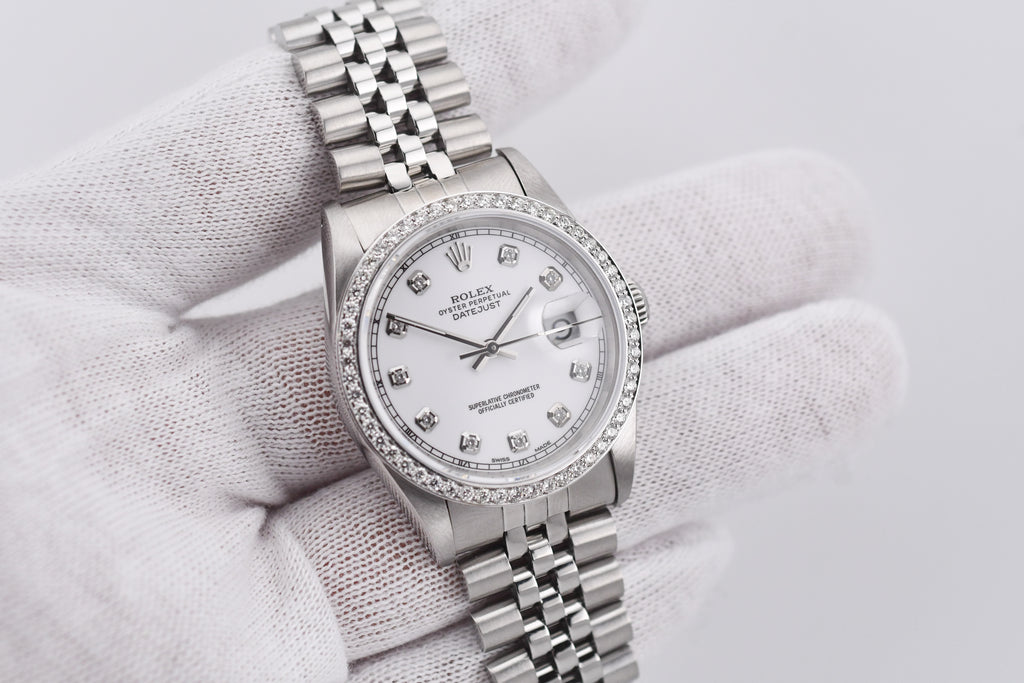 Rolex Datejust 36mm Ref 16234 Custom White Diamond Dial with Diamond Bezel