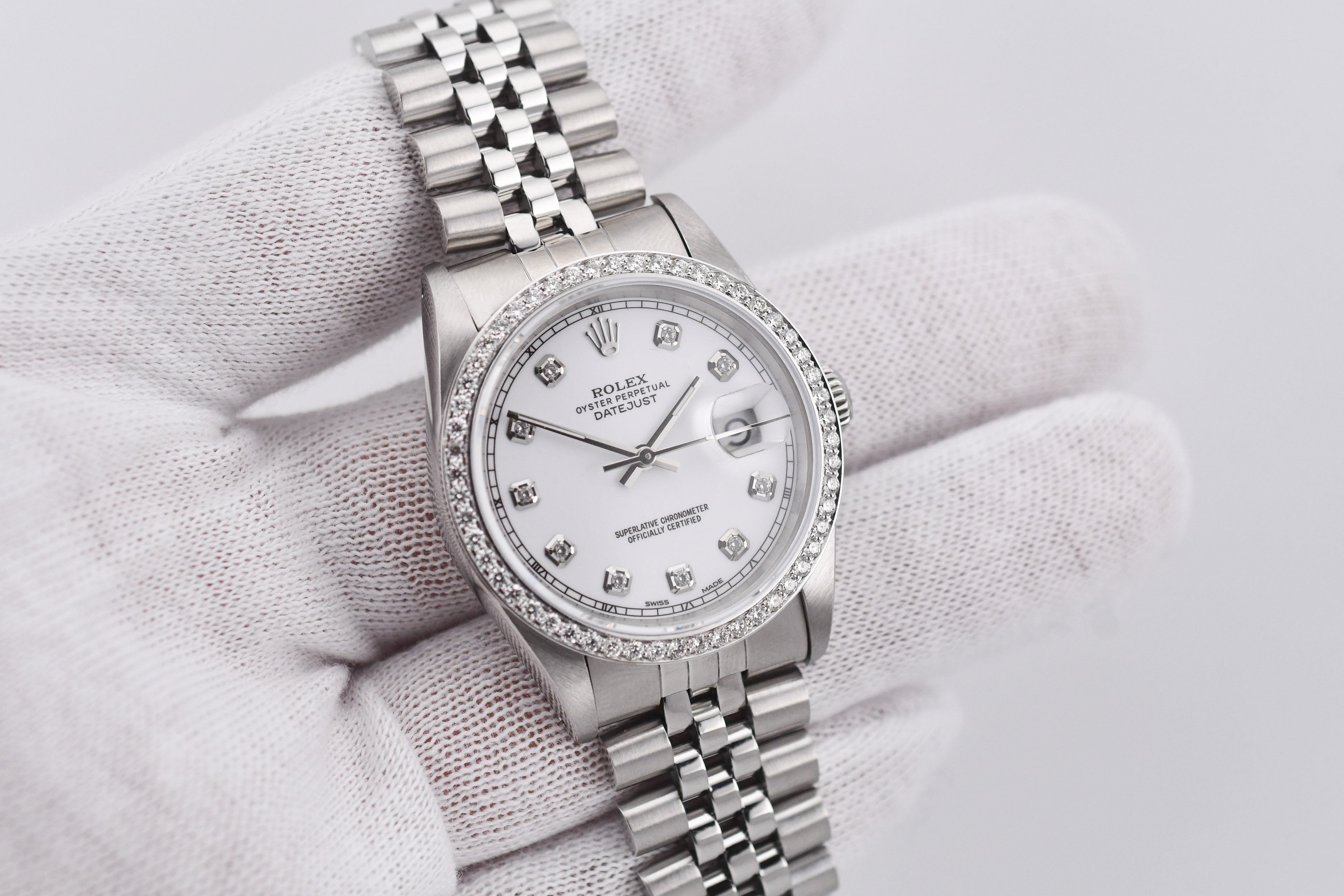 Rolex Datejust 36mm Ref 16234 Custom White Diamond Dial with Diamond Bezel